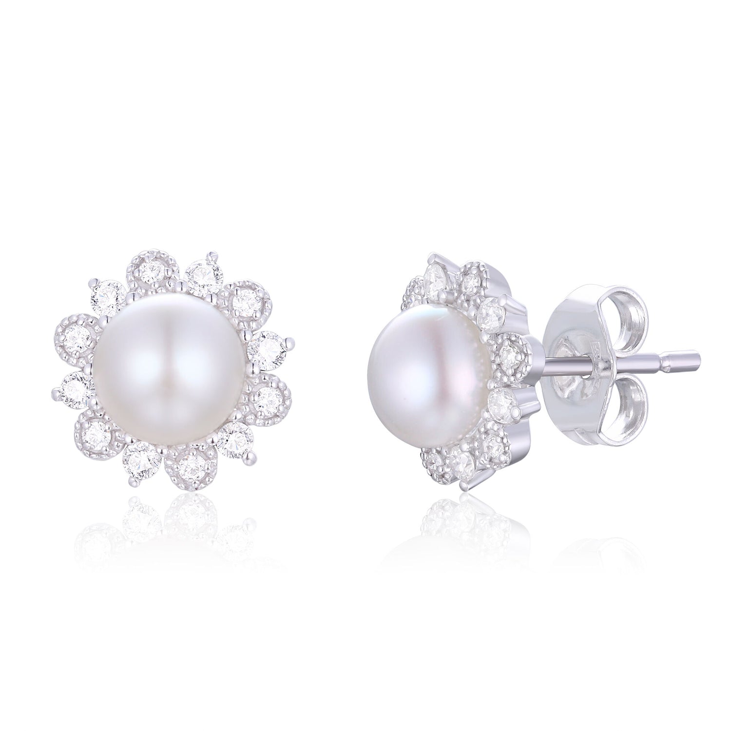 Freshwater Cultured Pearl & Diamond Stud Earrings in 10K White Gold (1/5 ct. tw.)