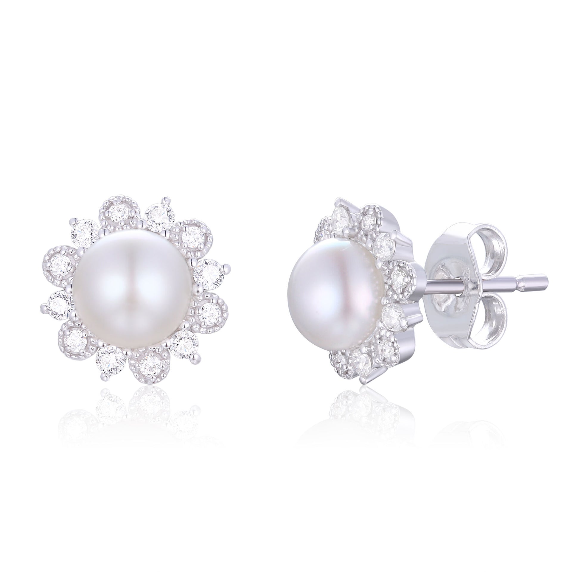 Freshwater Cultured Pearl & Diamond Stud Earrings in 10K White Gold (1/5 ct. tw.)