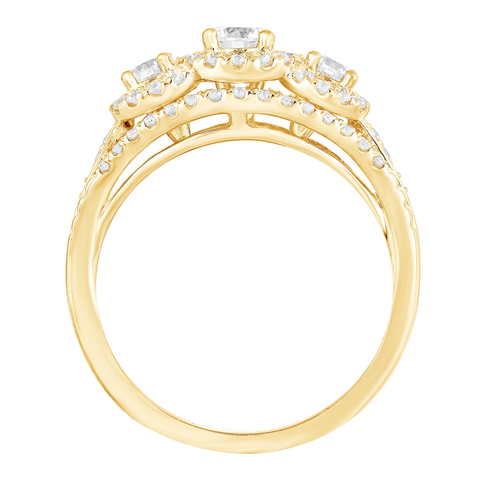 Three-Stone Halo Engagement Ring in 10K Yellow Gold (1 ct. tw.)