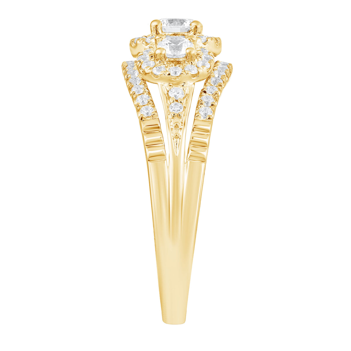 Three-Stone Halo Engagement Ring in 10K Yellow Gold (1 ct. tw.)