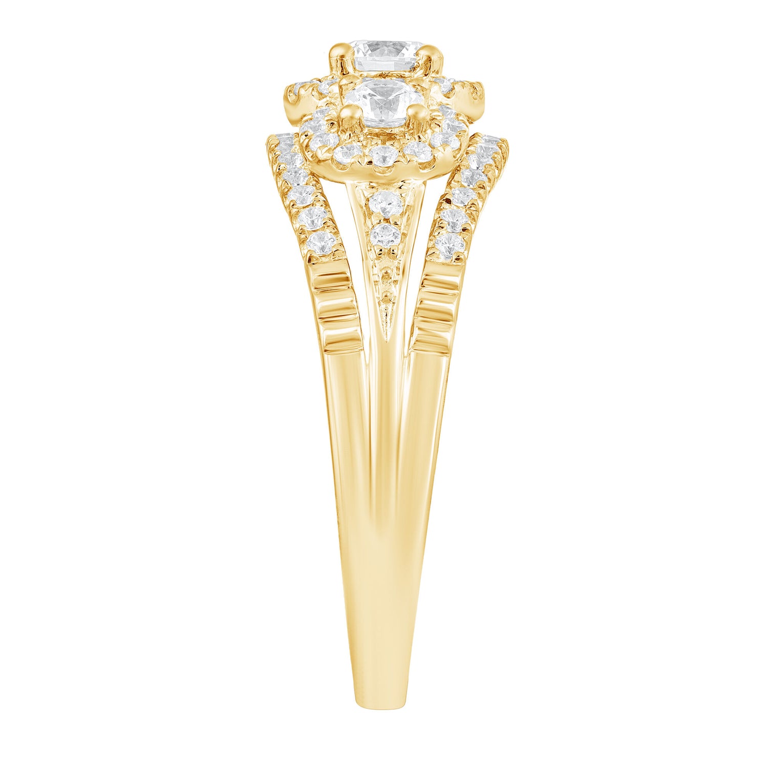 Three-Stone Halo Engagement Ring in 10K Yellow Gold (1 ct. tw.)