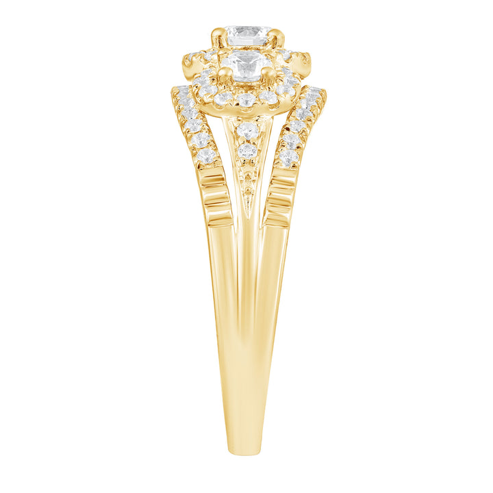 Three-Stone Halo Engagement Ring in 10K Yellow Gold (1 ct. tw.)