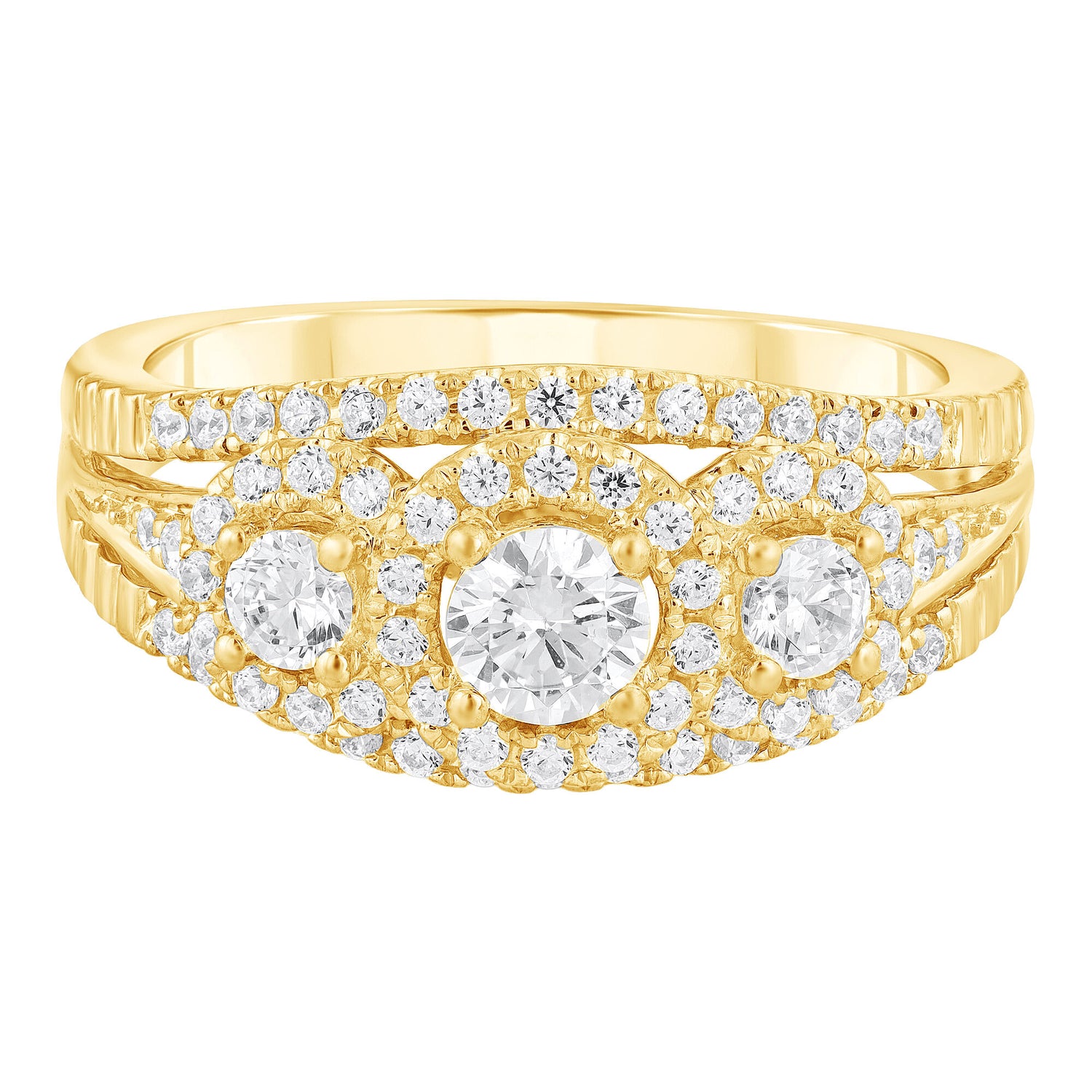 Three-Stone Halo Engagement Ring in 10K Yellow Gold (1 ct. tw.)