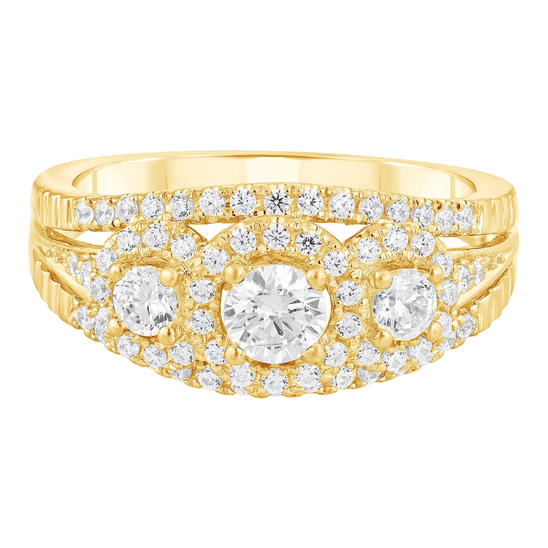Three-Stone Halo Engagement Ring in 10K Yellow Gold (1 ct. tw.)