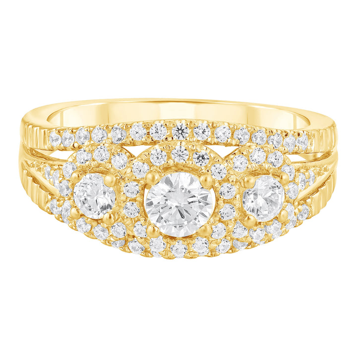 Three-Stone Halo Engagement Ring in 10K Yellow Gold (1 ct. tw.)
