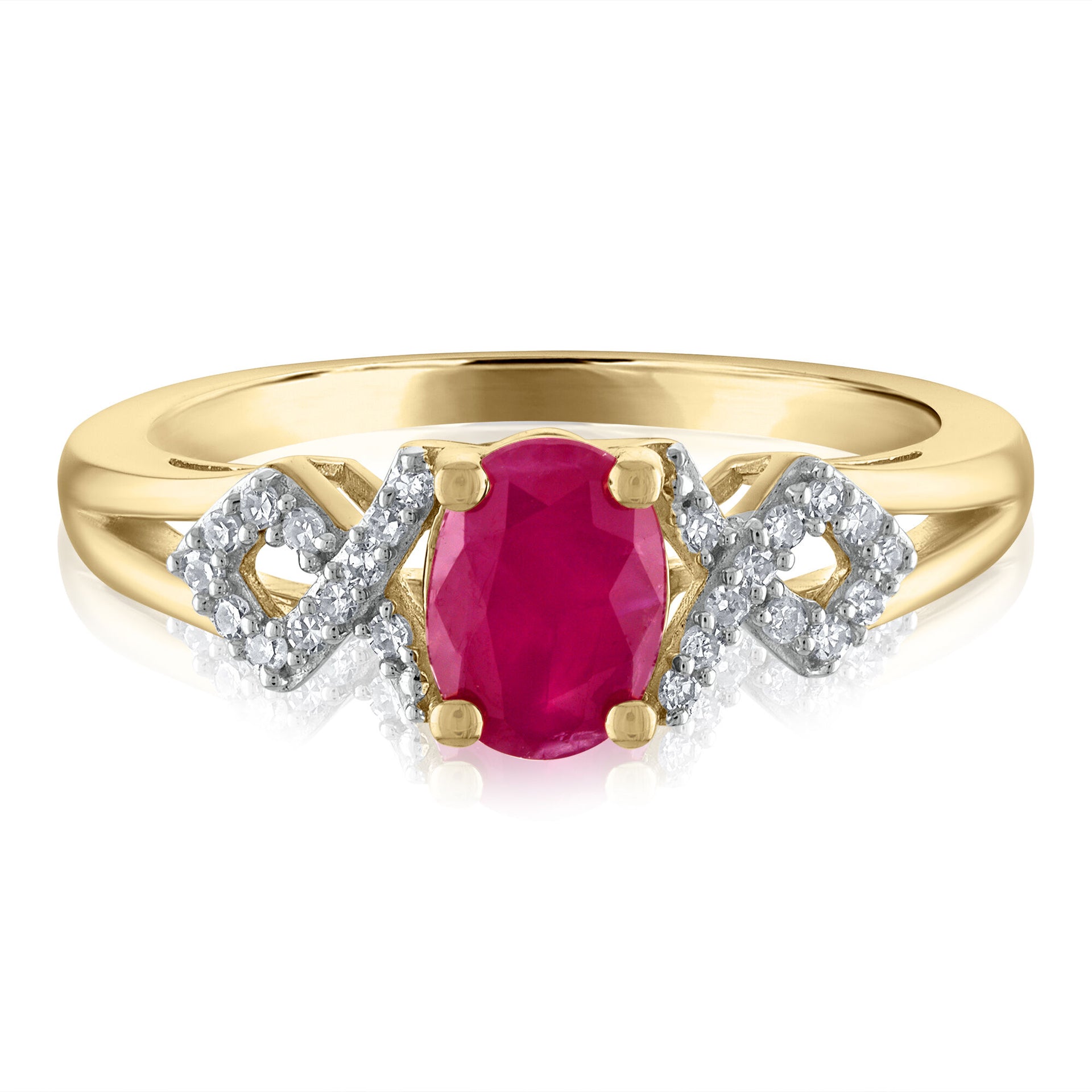 Oval-Shaped Ruby & Diamond Ring in 14K Yellow Gold (1/8 ct. tw.)