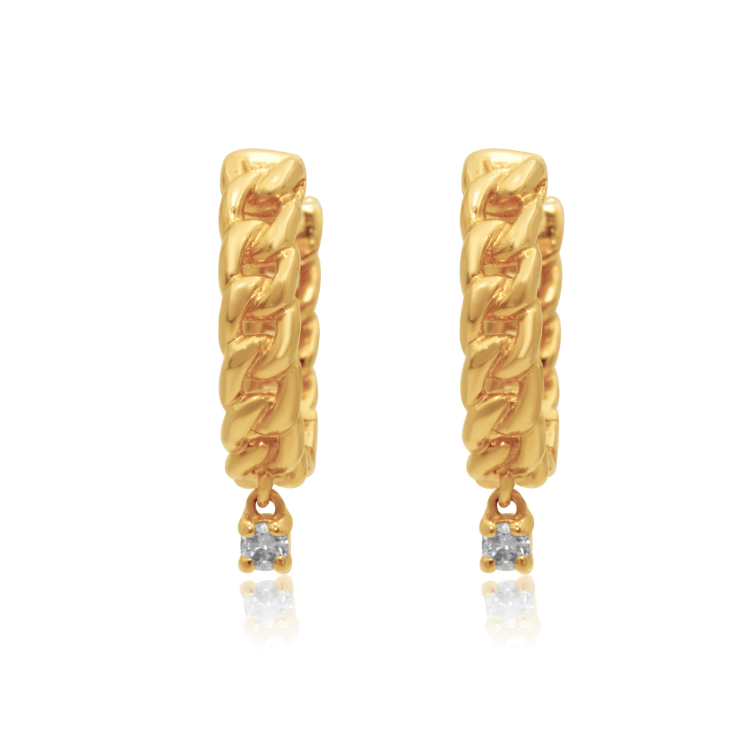 Gold Diamond Drop Cuban Link Hoop Earring