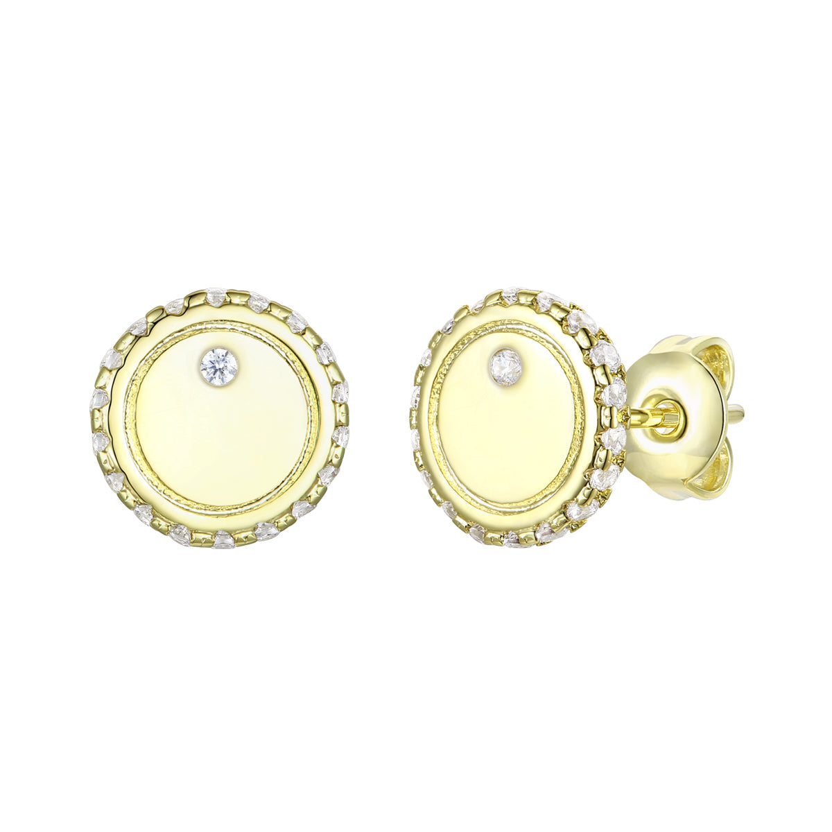Rg 14k Gold Plated with Diamond Cubic Zirconia Pave Button Stud Earrings