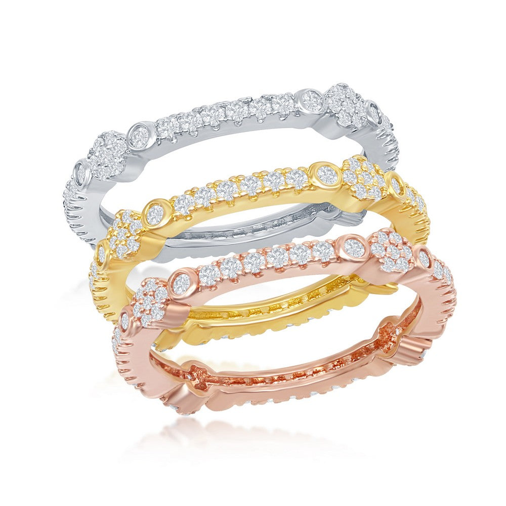 Sterling Silver Tri-Color CZ Designed Eternity Triple Band Ring