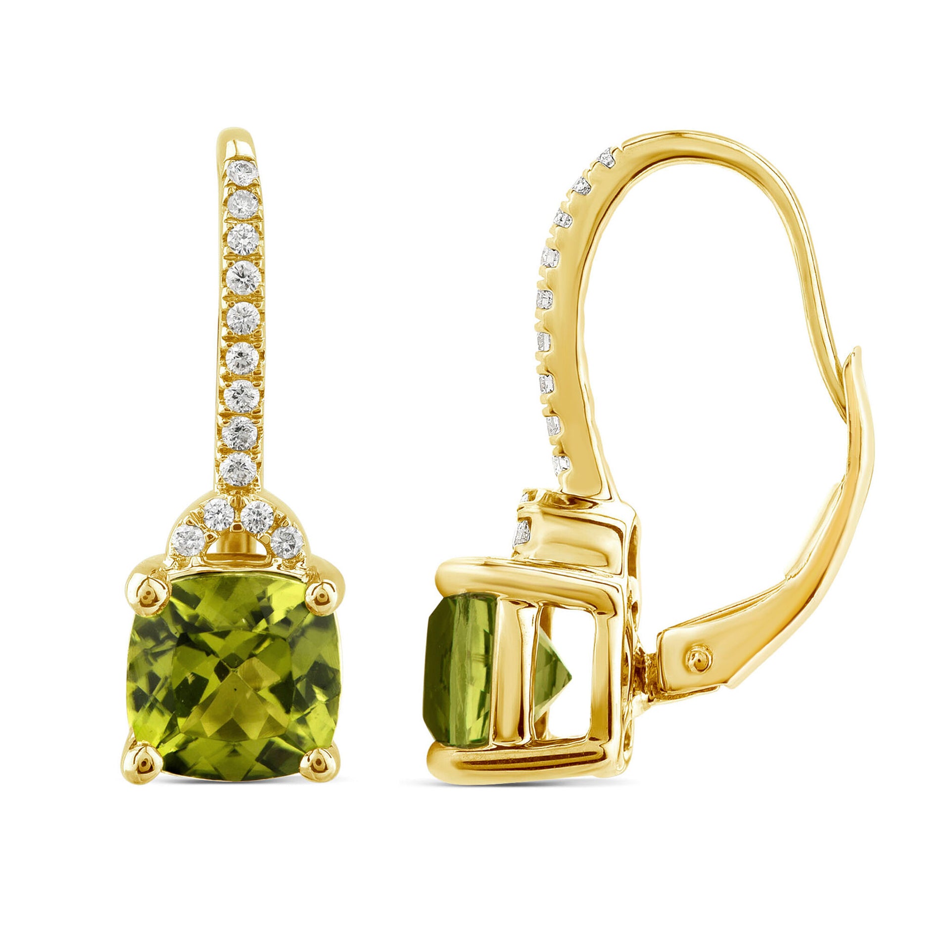 Cushion-Cut Peridot and Diamond Earrings in 10K Yellow Gold (1/7 ct. tw.)