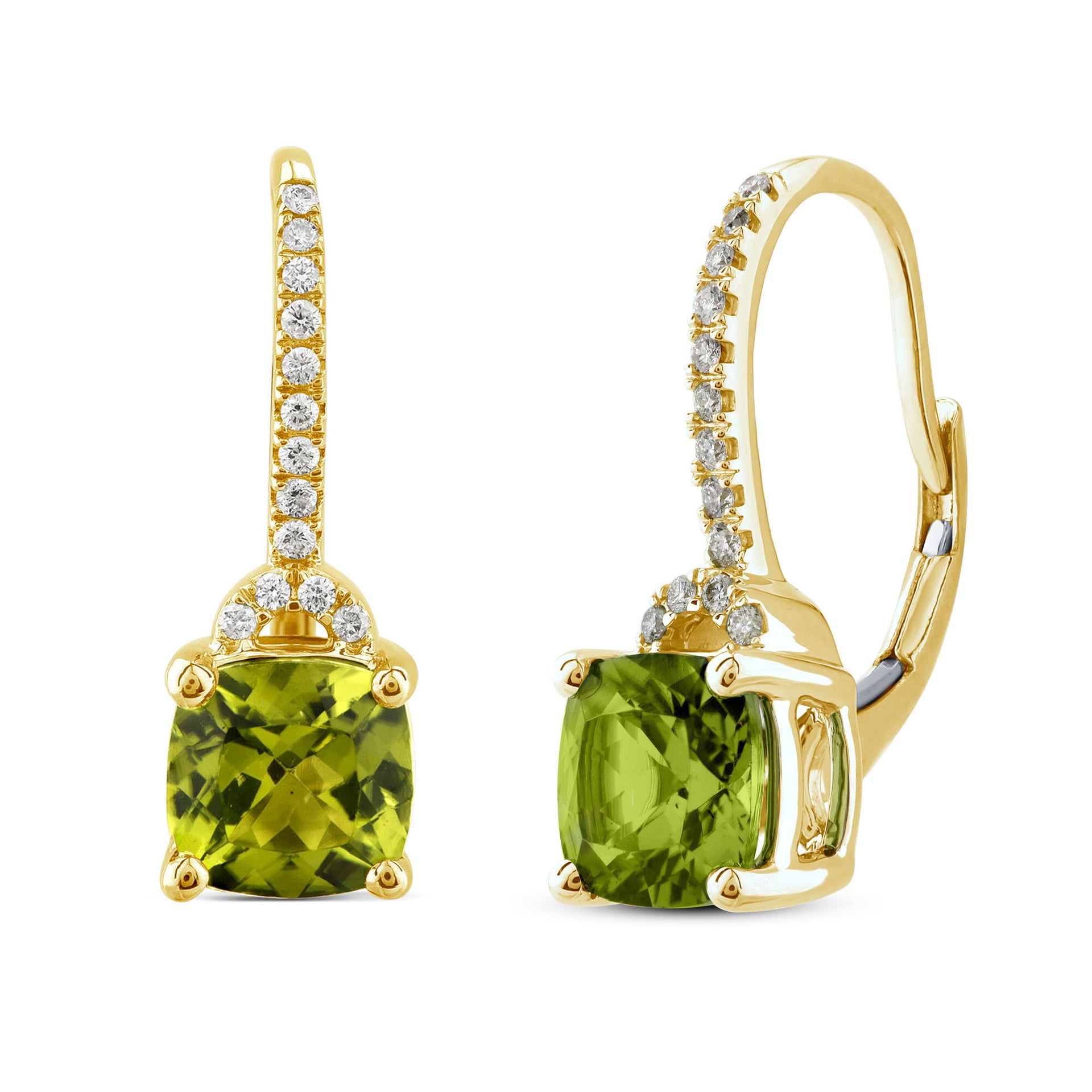 Cushion-Cut Peridot and Diamond Earrings in 10K Yellow Gold (1/7 ct. tw.)