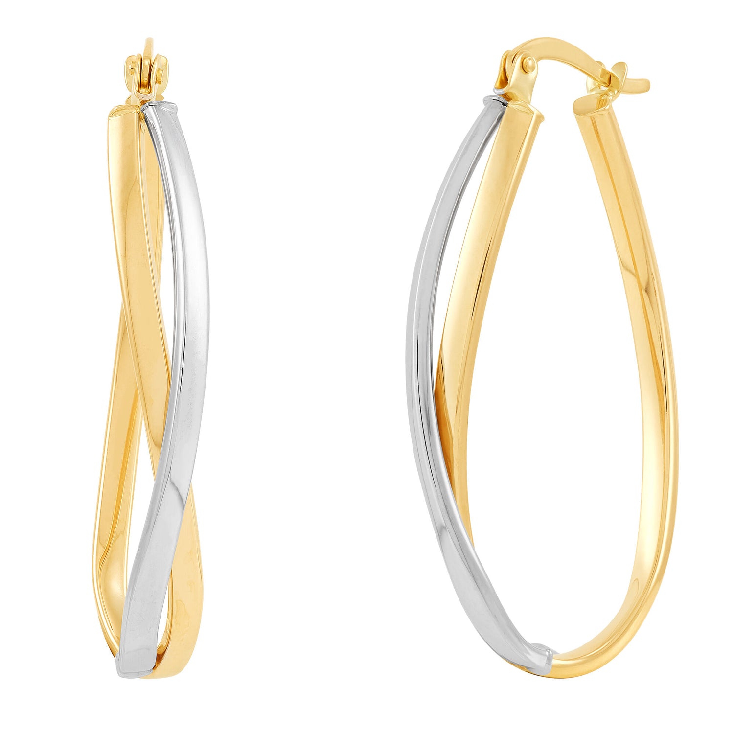 Crossover Oval Hoop Earrings in 14K White and Yellow Gold