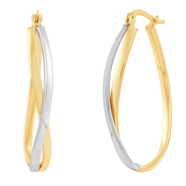 Crossover Oval Hoop Earrings in 14K White and Yellow Gold
