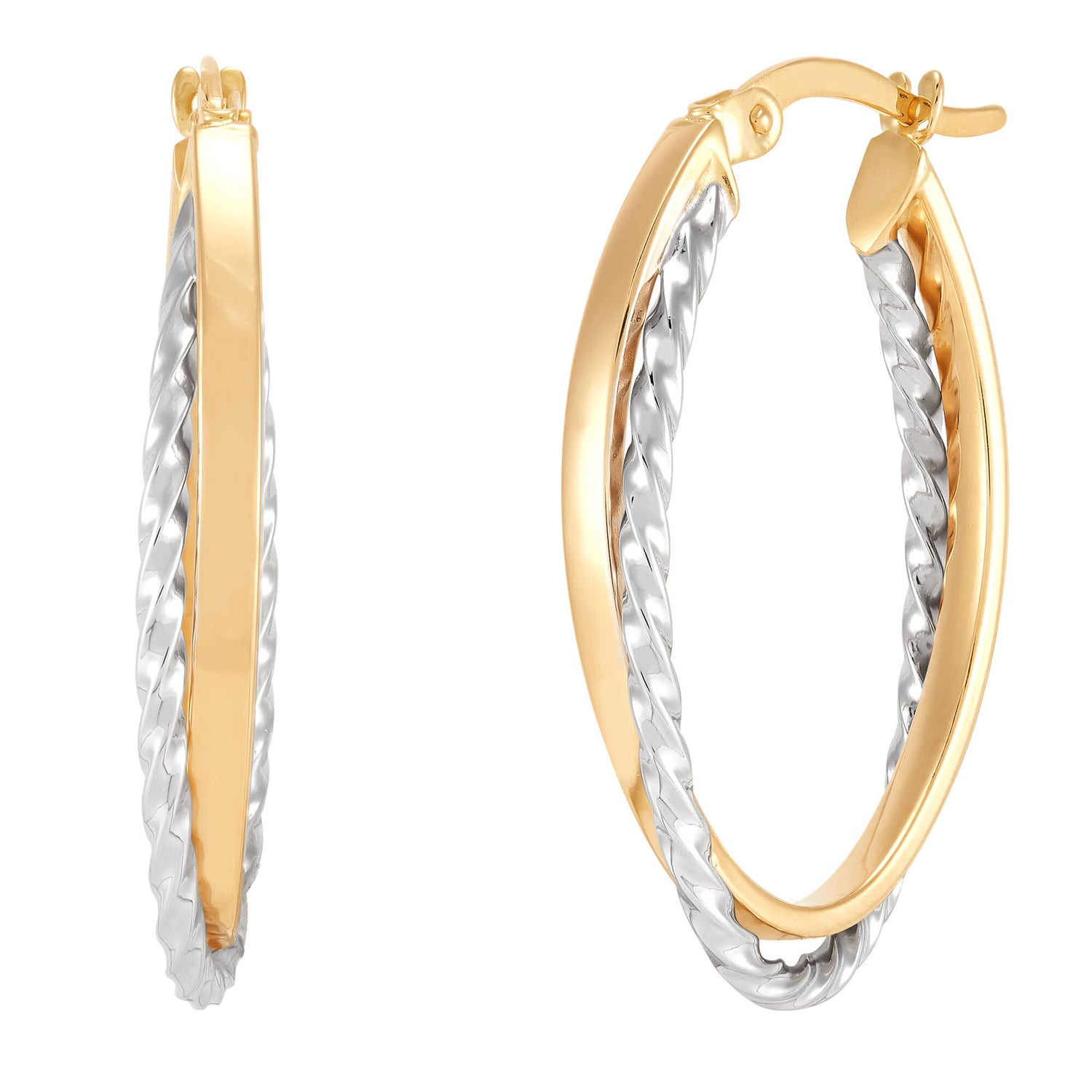 Twist Texture Interlocking Hoops in 14K Yellow and White Gold