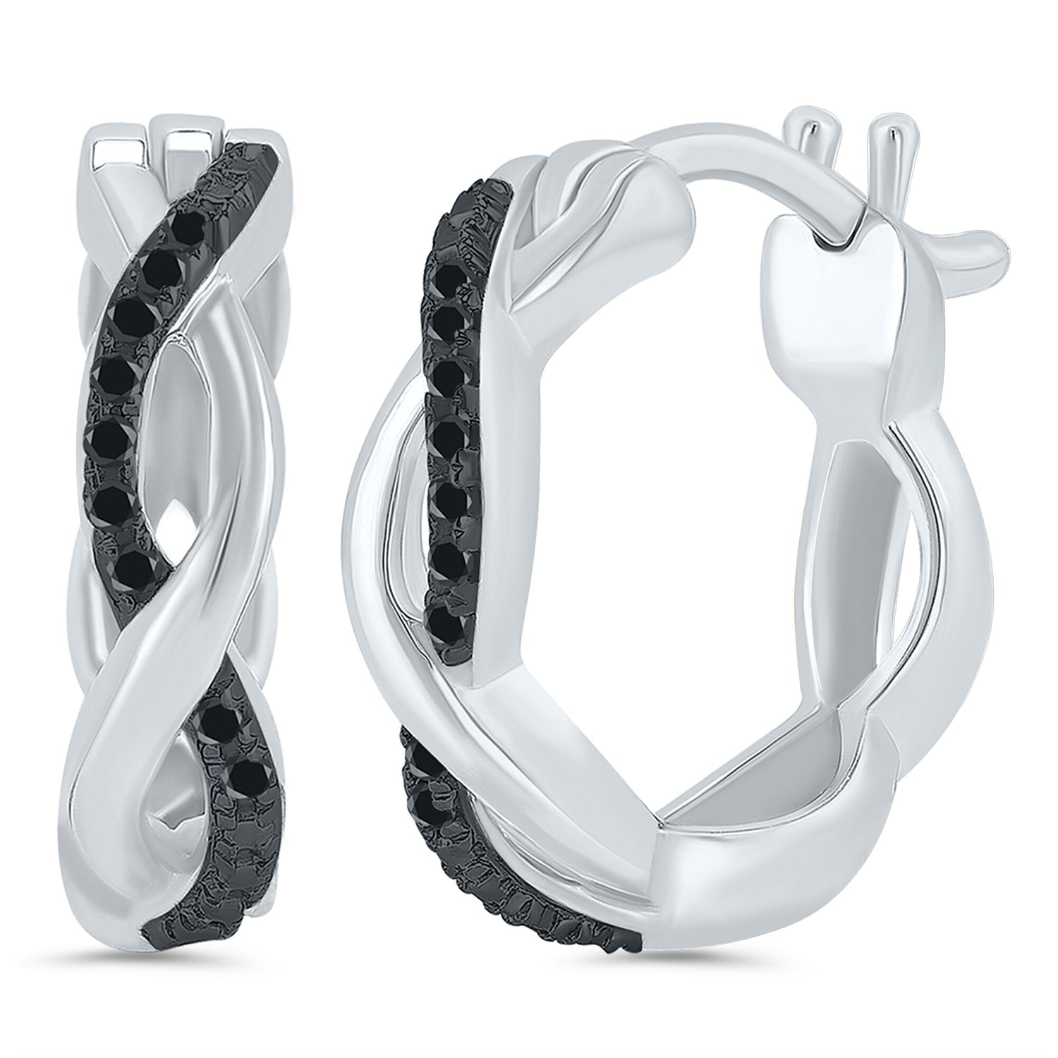 Black Diamond Accent Twist Hoop Earrings in Sterling Silver
