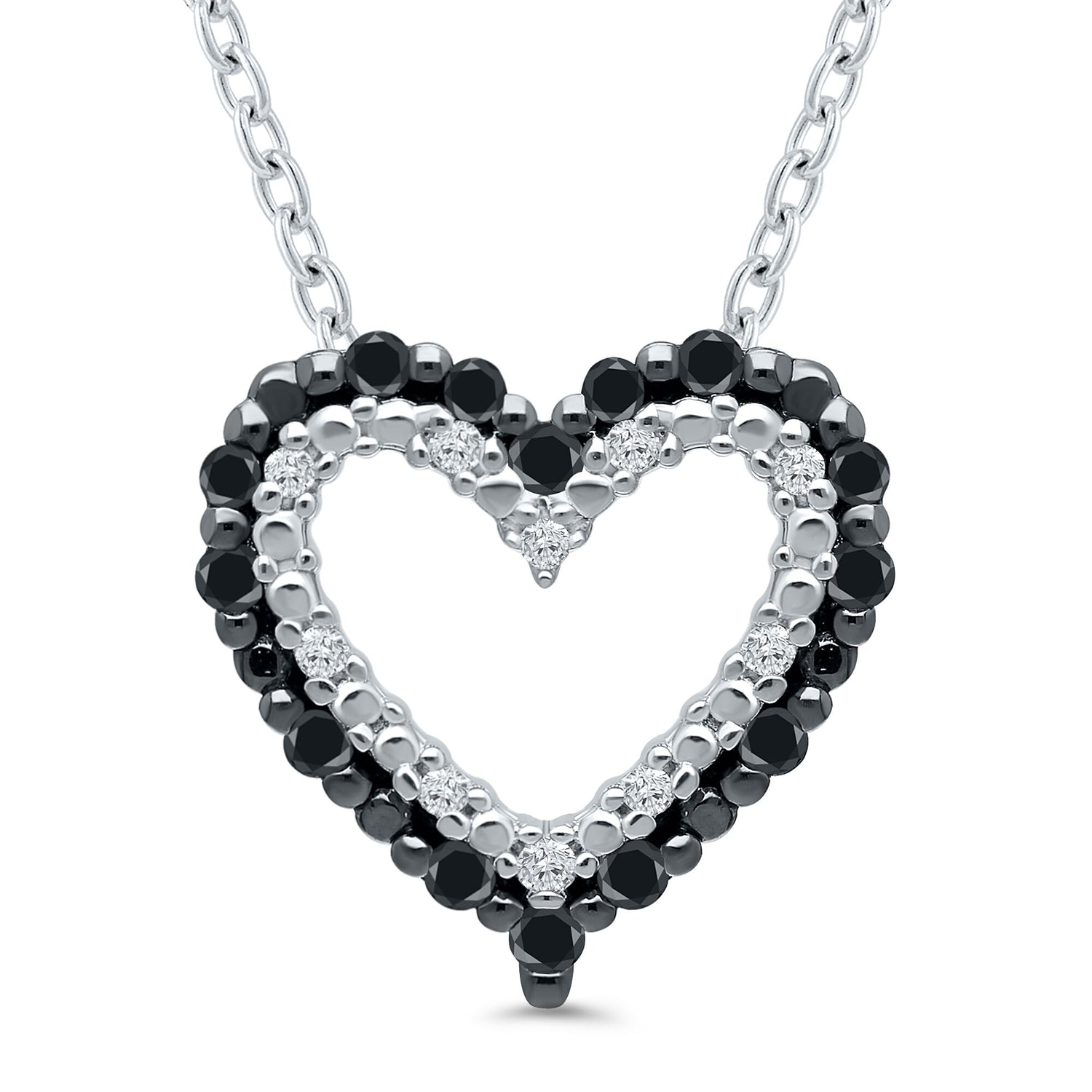 Black and White Diamond Open Heart Pendant in Sterling Silver (1/10 ct. tw.)