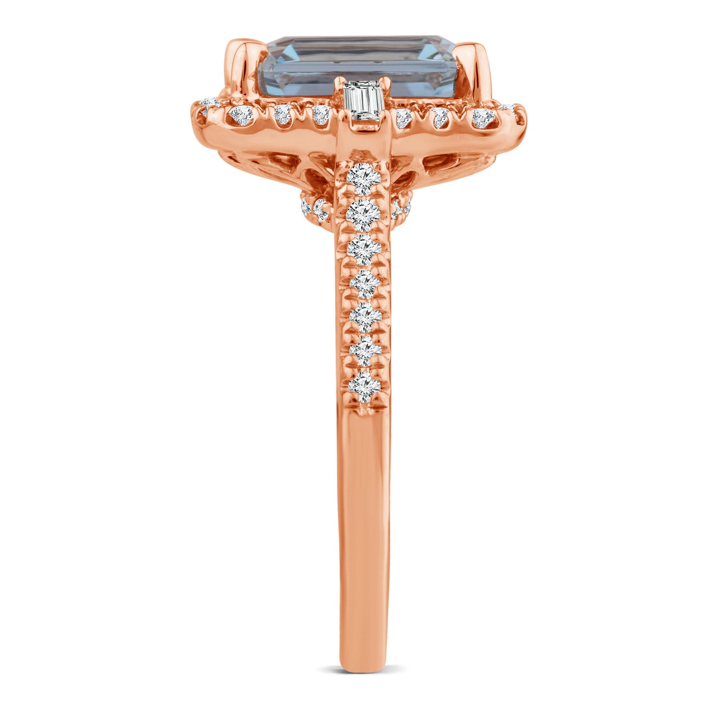 Emerald-Cut Aquamarine and Diamond Halo Ring in 14K Rose Gold (1/2 ct. tw.)