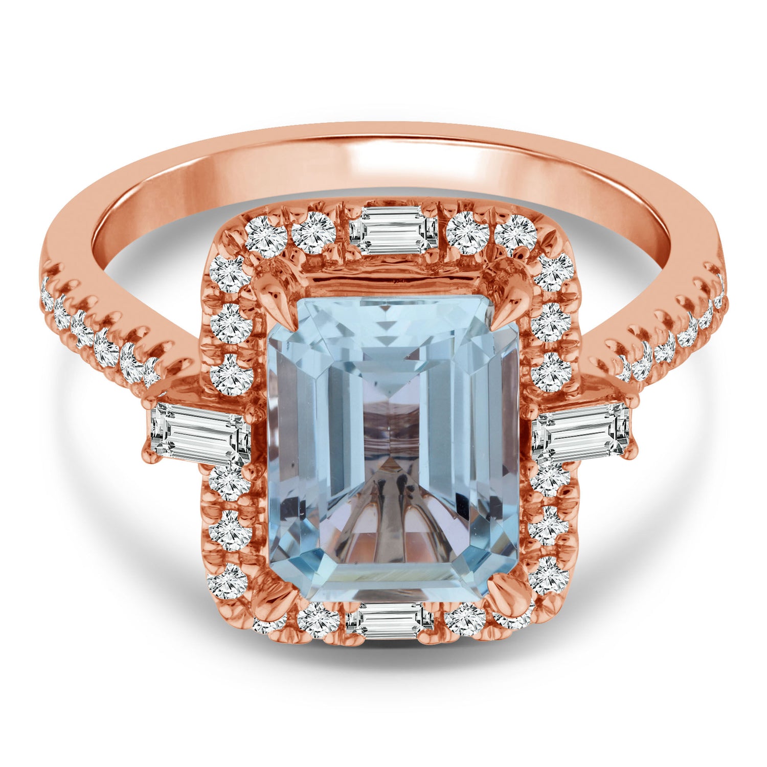 Emerald-Cut Aquamarine and Diamond Halo Ring in 14K Rose Gold (1/2 ct. tw.)