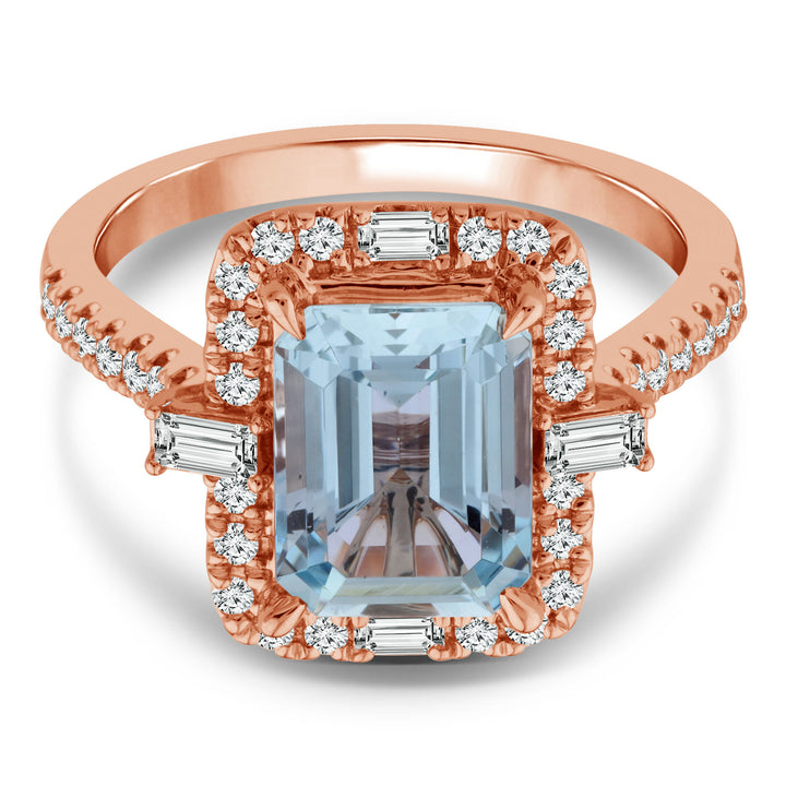 Emerald-Cut Aquamarine and Diamond Halo Ring in 14K Rose Gold (1/2 ct. tw.)