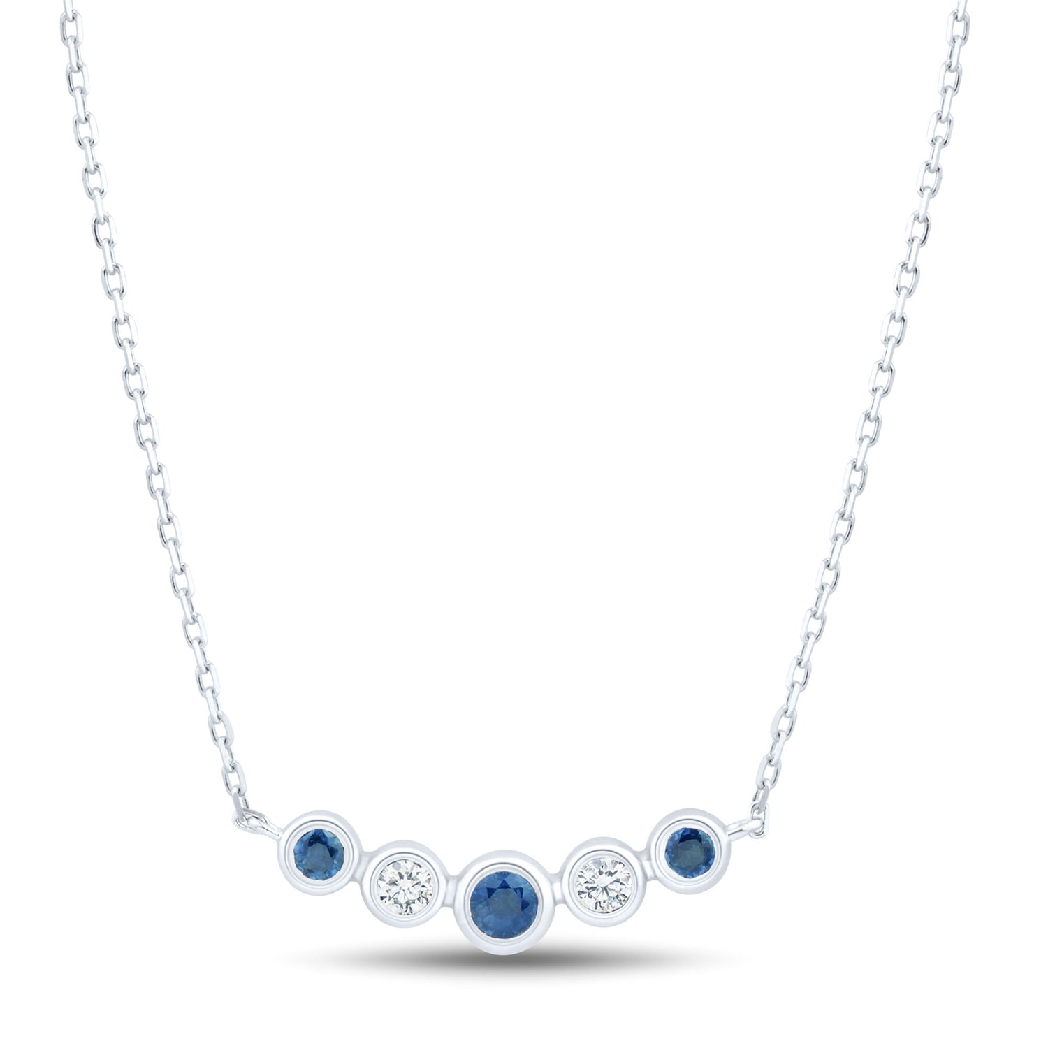 Blue Sapphire and Diamond Bezel Smile Necklace in 10K White Gold (1/10 ct. tw.)