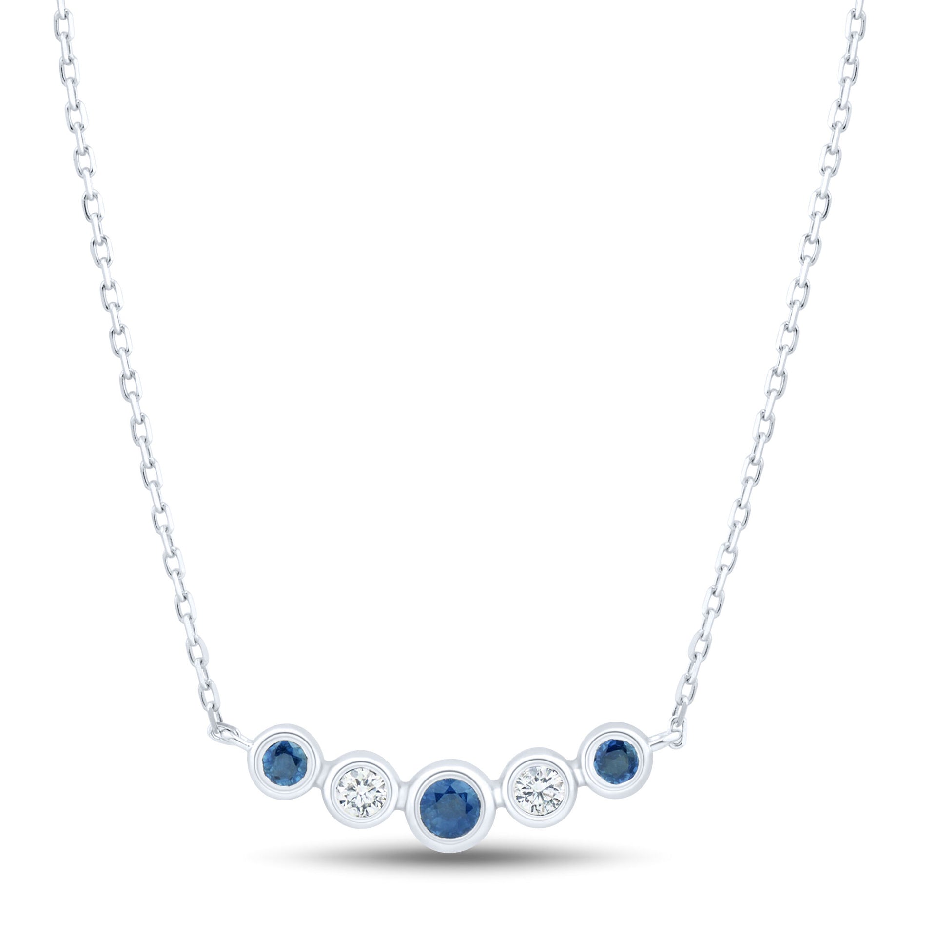 Blue Sapphire and Diamond Bezel Smile Necklace in 10K White Gold (1/10 ct. tw.)
