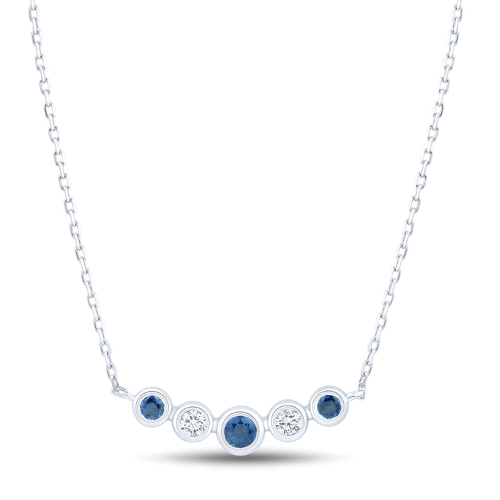 Blue Sapphire and Diamond Bezel Smile Necklace in 10K White Gold (1/10 ct. tw.)