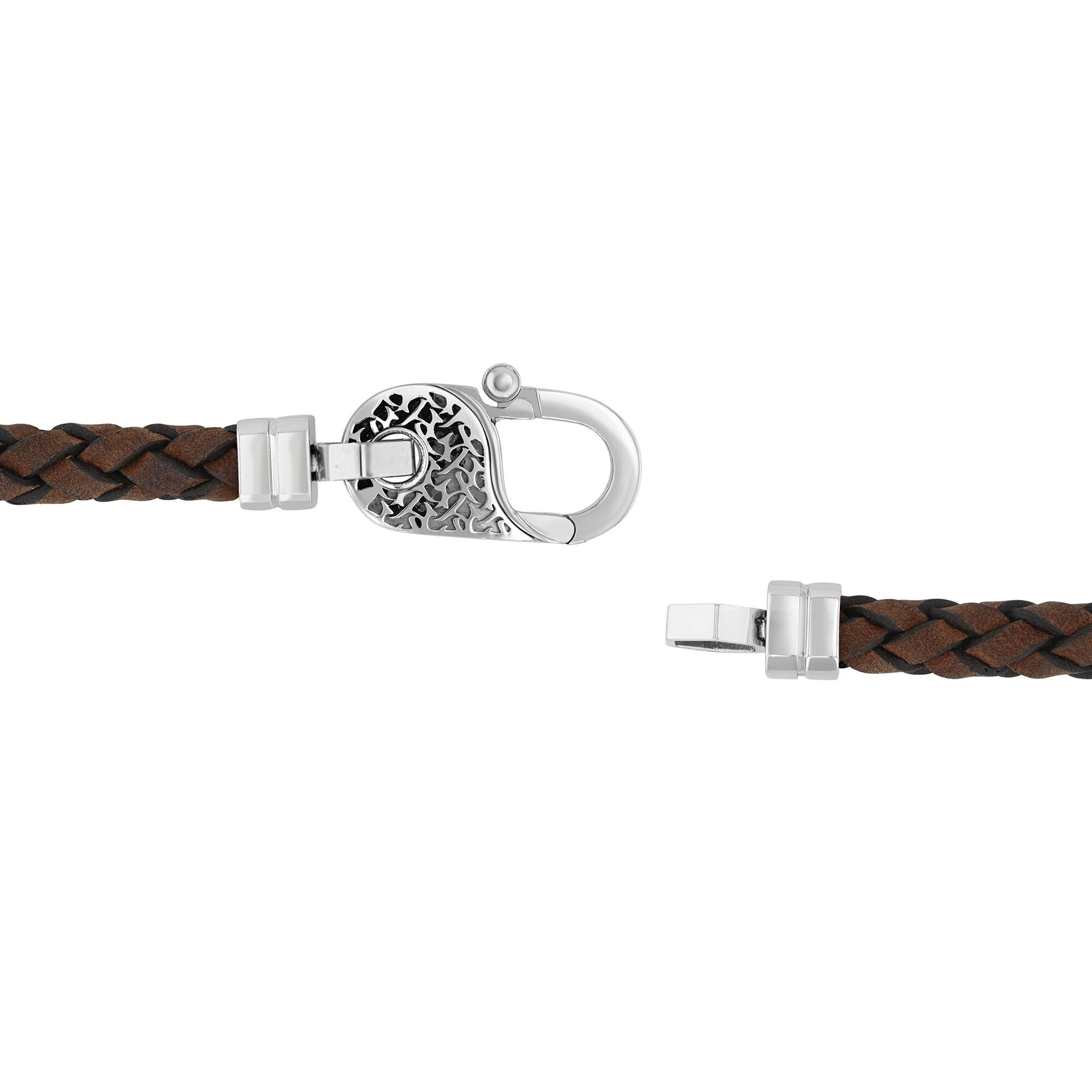 Brown Leather Bracelet in White Stainless Steel, 8.75"