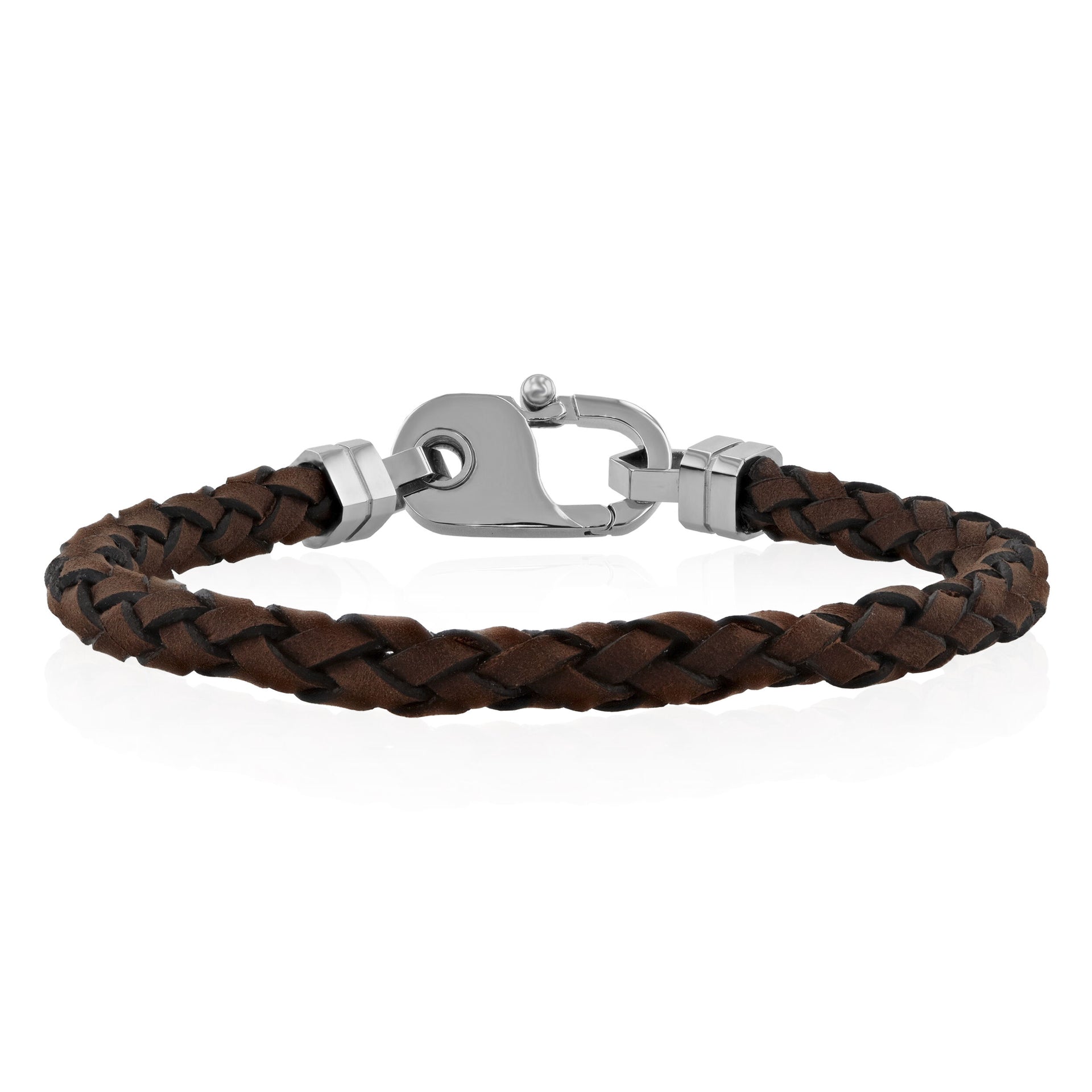 Brown Leather Bracelet in White Stainless Steel, 8.75"