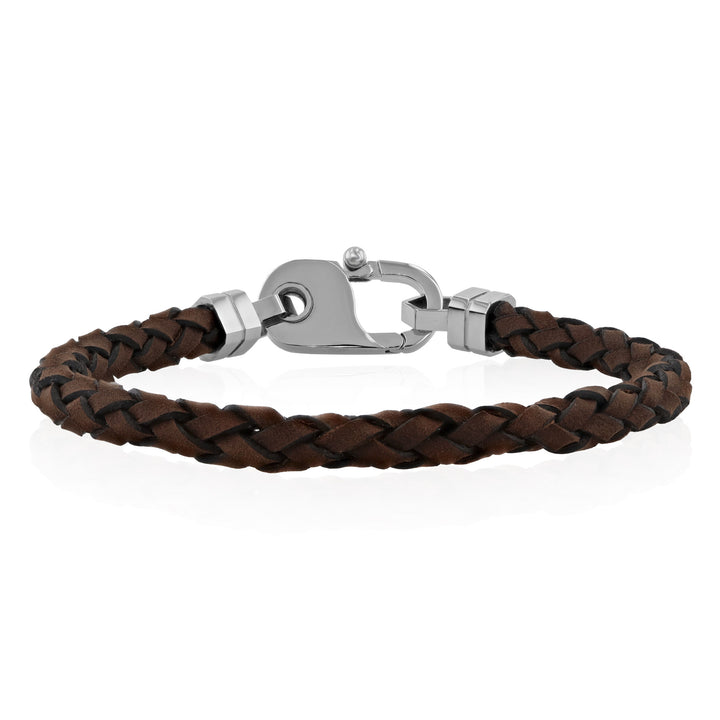 Brown Leather Bracelet in White Stainless Steel, 8.75"