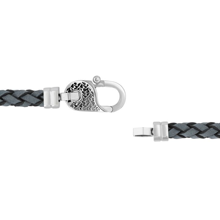 Gray Leather Bracelet in White Stainless Steel, 8.75"