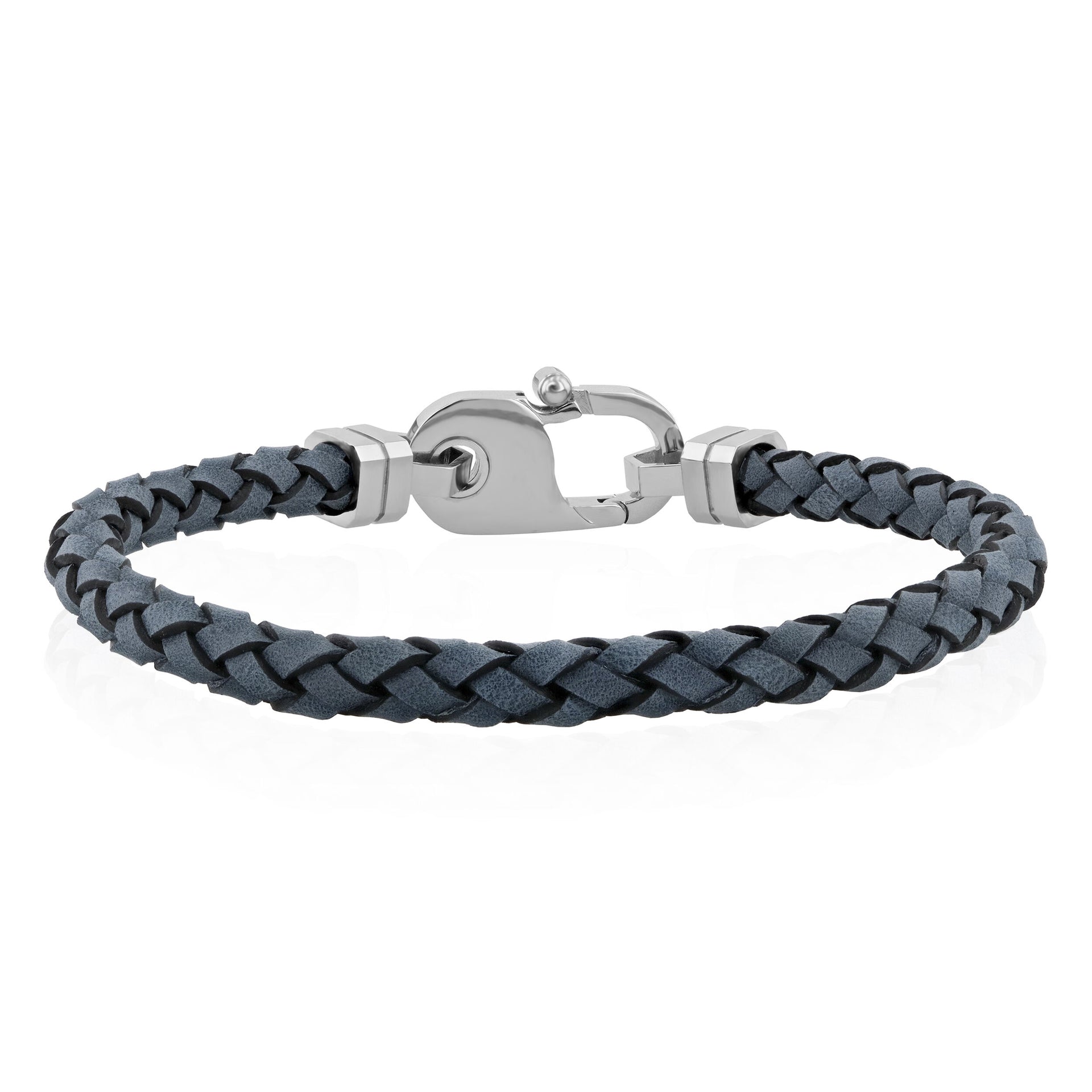 Gray Leather Bracelet in White Stainless Steel, 8.75"