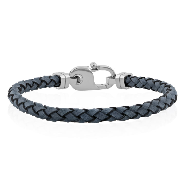 Gray Leather Bracelet in White Stainless Steel, 8.75"