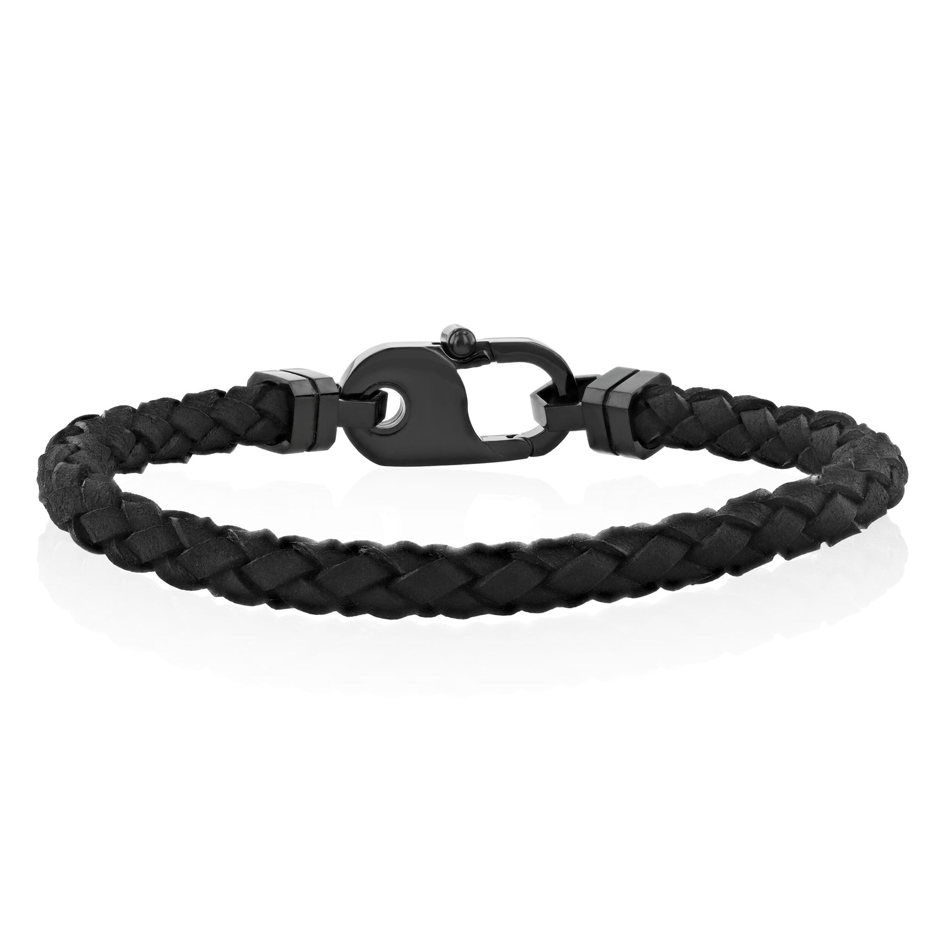 Black Leather Bracelet in Black Stainless Steel, 8.75"