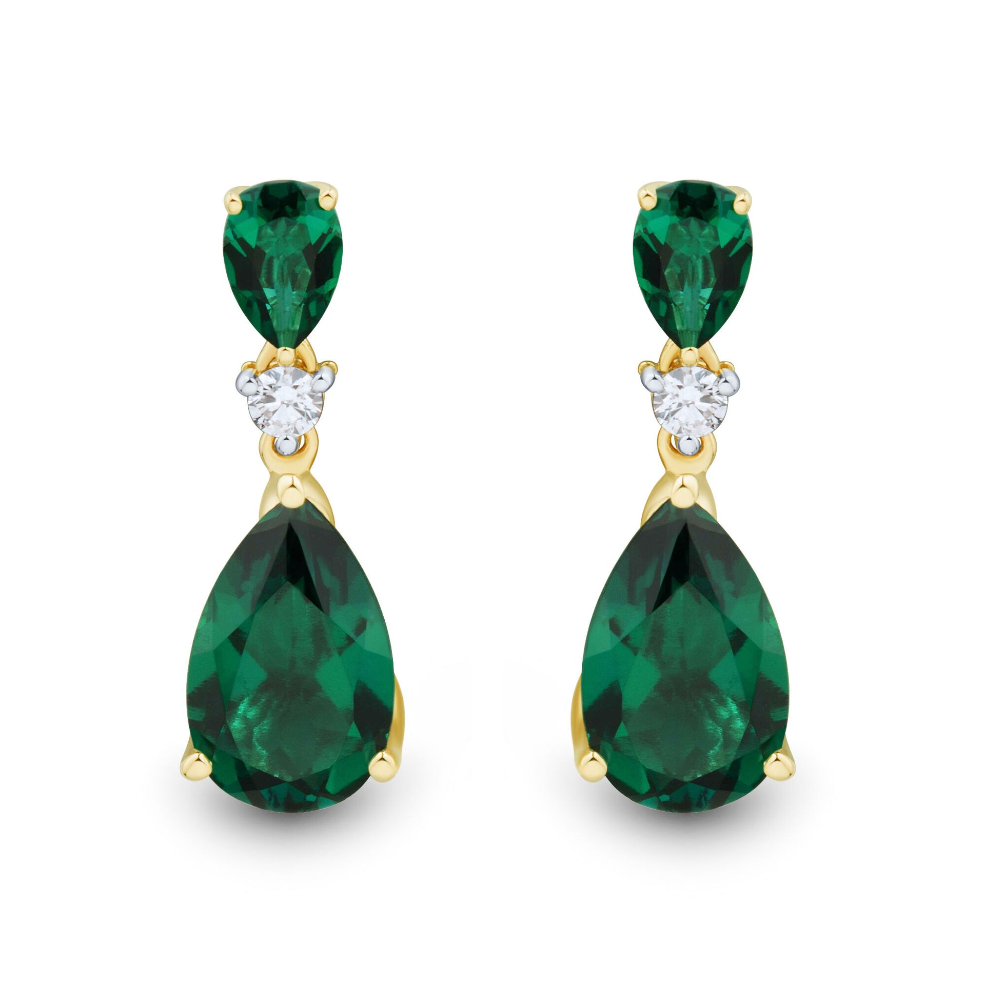 Lab-Created Pear-Shaped Emerald and Lab Grown Diamond Earrings in 10K Yellow Gold (1/8 ct. tw.)