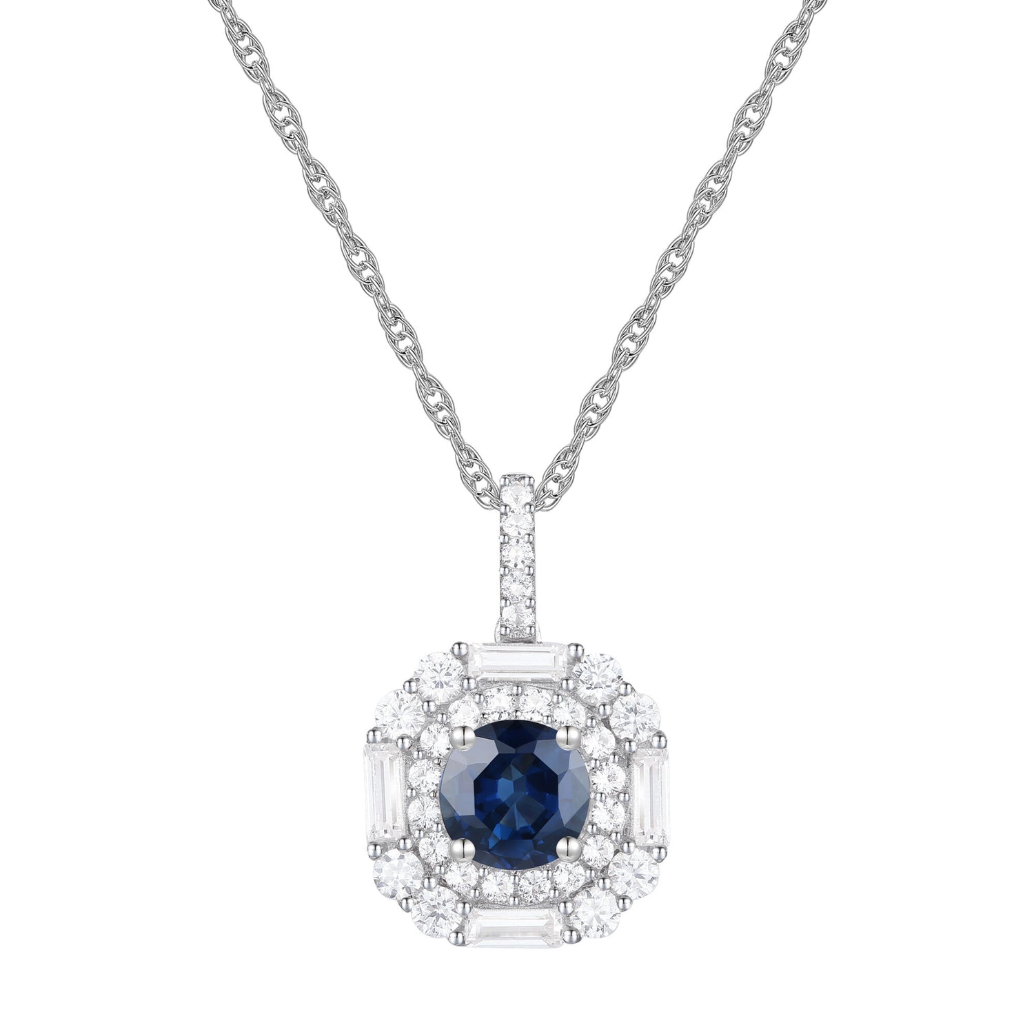 Blue Sapphire and Diamond Double Halo Pendant in 10K White Gold (3/8 ct. tw.)