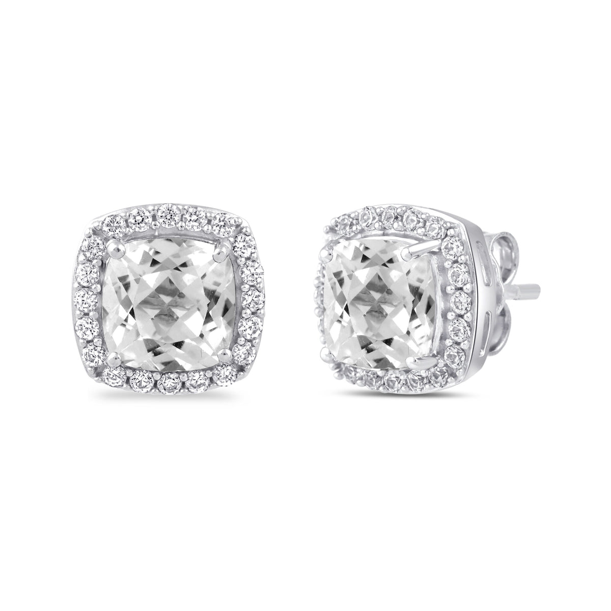 Lab-Created White Sapphire Cushion Halo Earrings in Sterling Silver