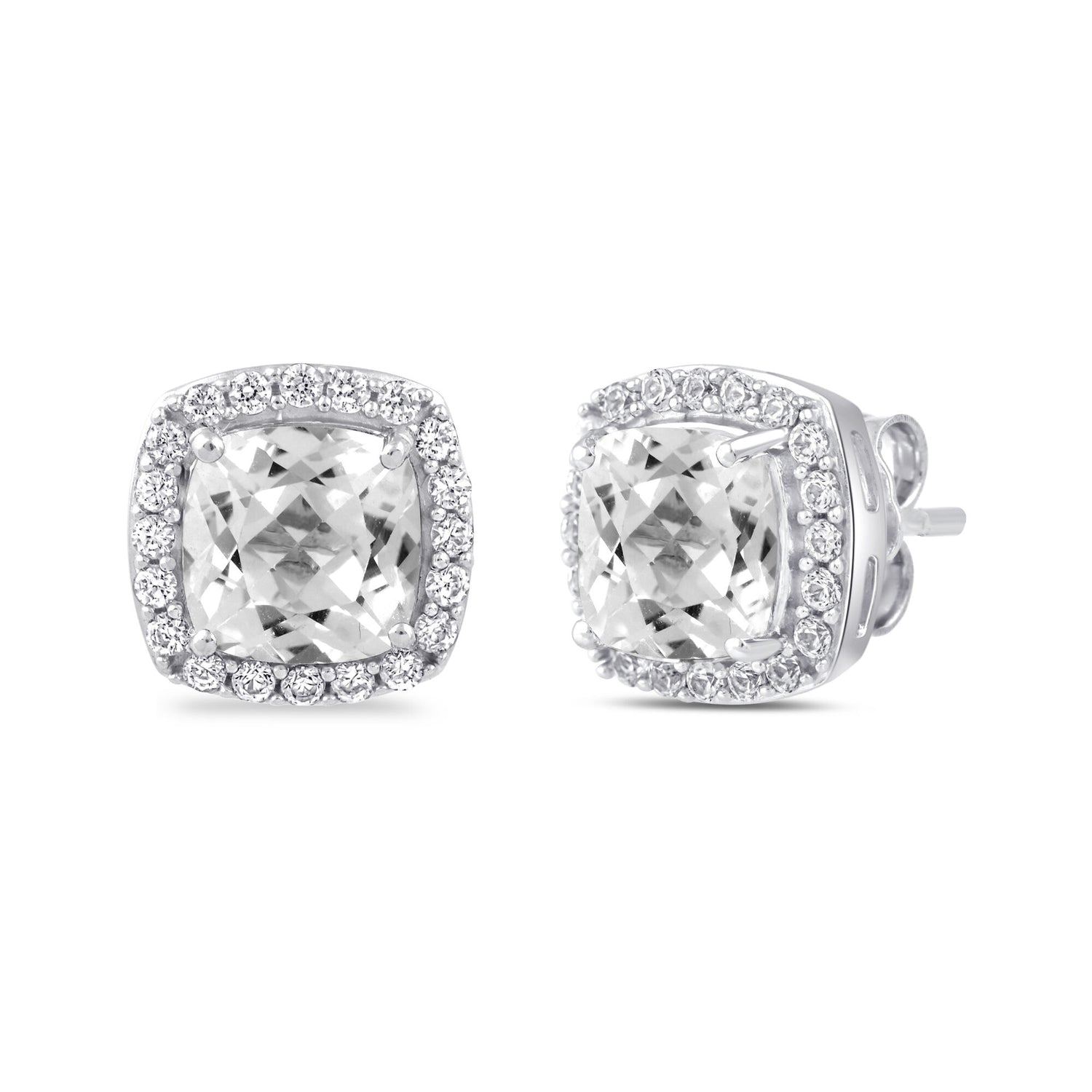 Lab-Created White Sapphire Cushion Halo Earrings in Sterling Silver