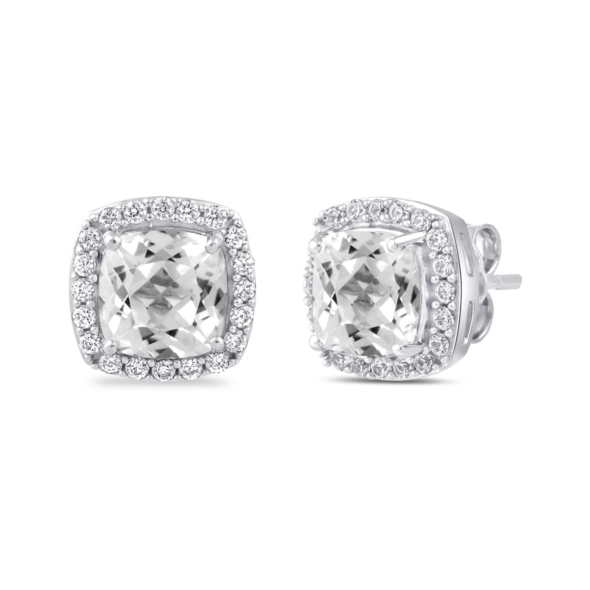 Lab-Created White Sapphire Cushion Halo Earrings in Sterling Silver