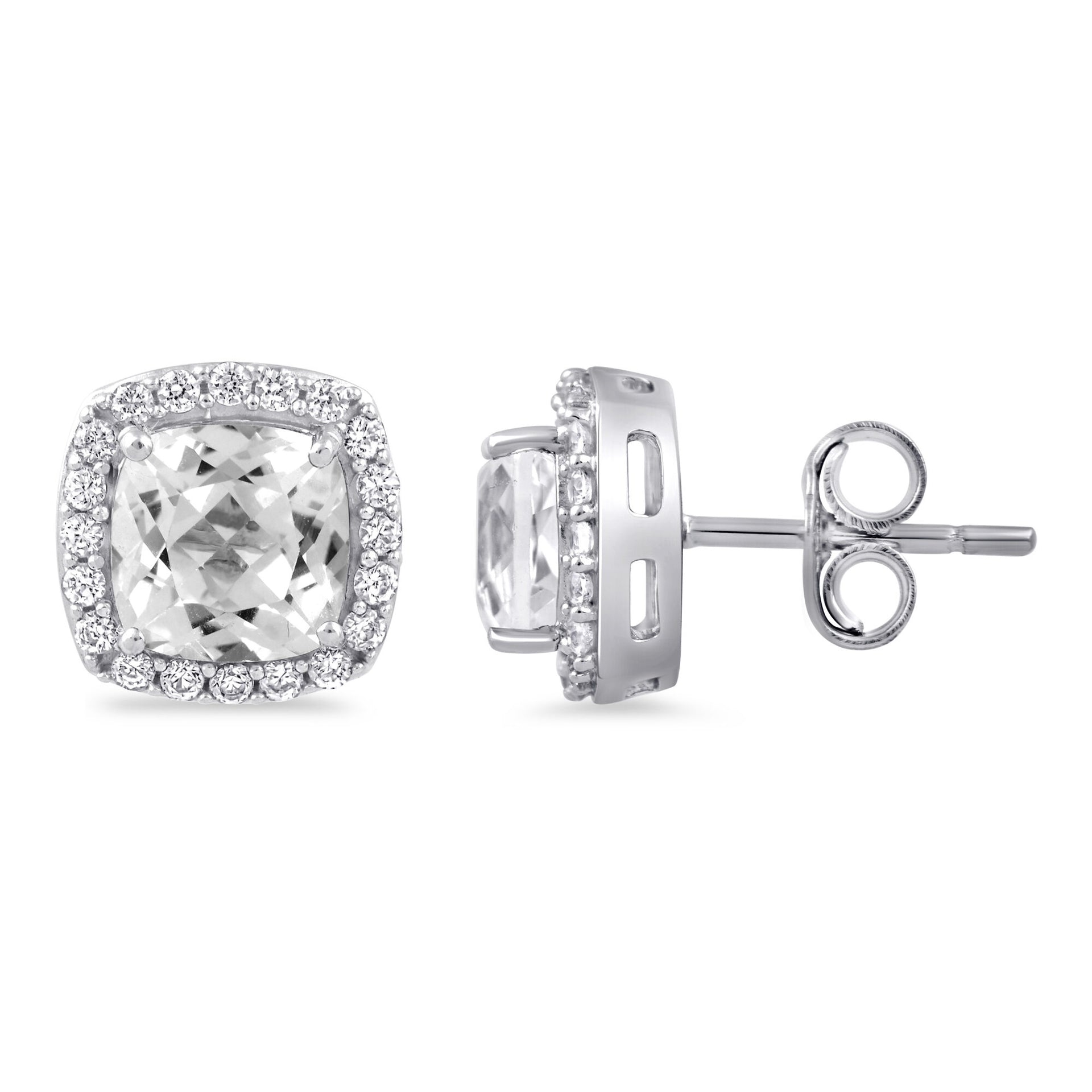 Lab-Created White Sapphire Cushion Halo Earrings in Sterling Silver