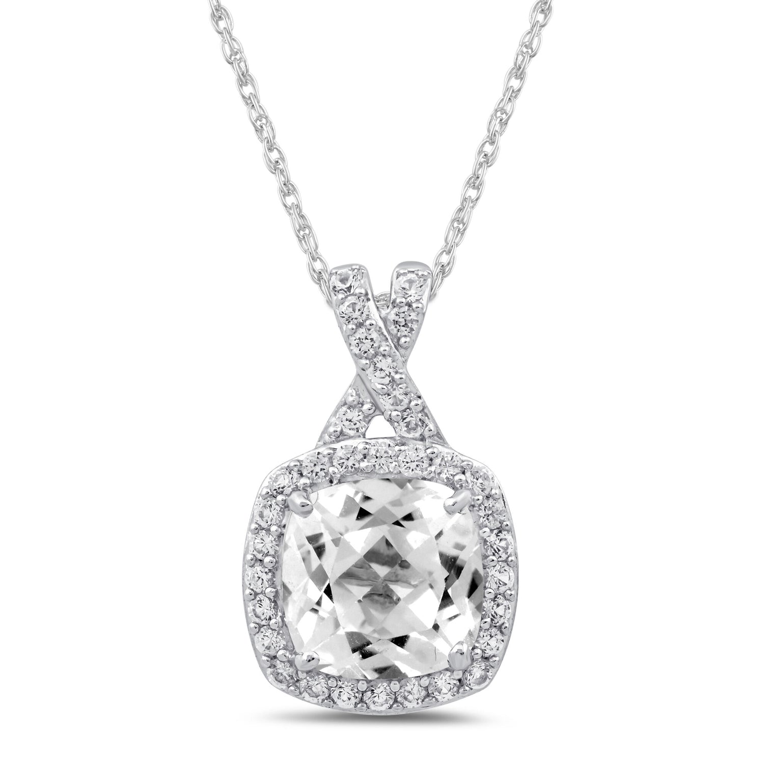 Lab-Created White Sapphire Cushion Halo Pendant in Sterling Silver