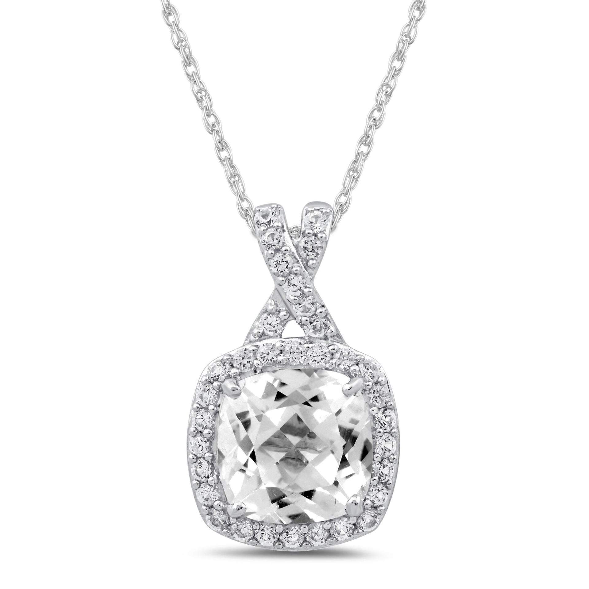 Lab-Created White Sapphire Cushion Halo Pendant in Sterling Silver