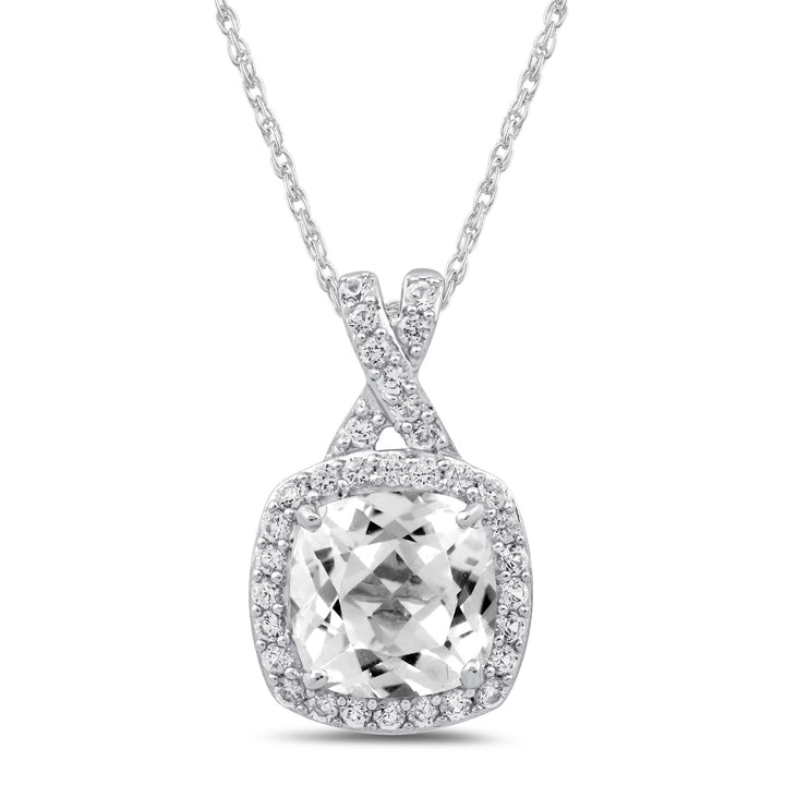 Lab-Created White Sapphire Cushion Halo Pendant in Sterling Silver
