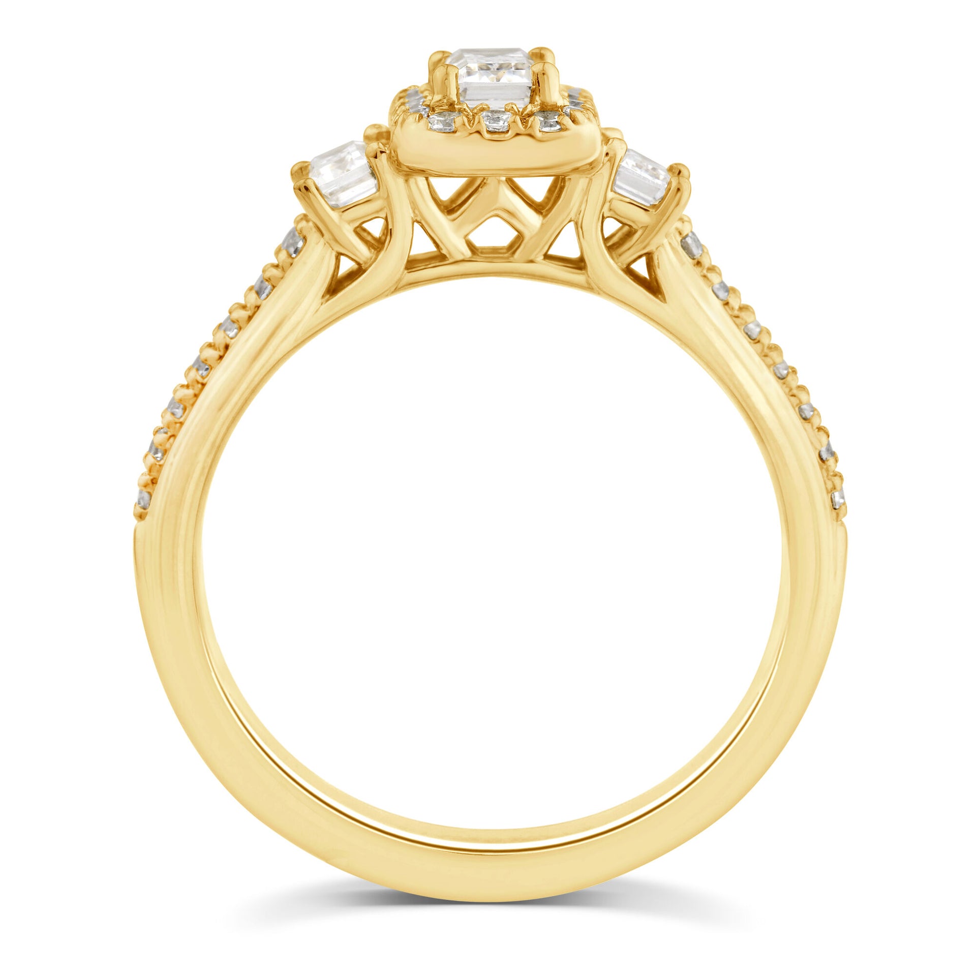 Lab Grown Diamond Three-Stone Emerald-Cut Ring in 10K Yellow Gold (7/8 ct. tw.)