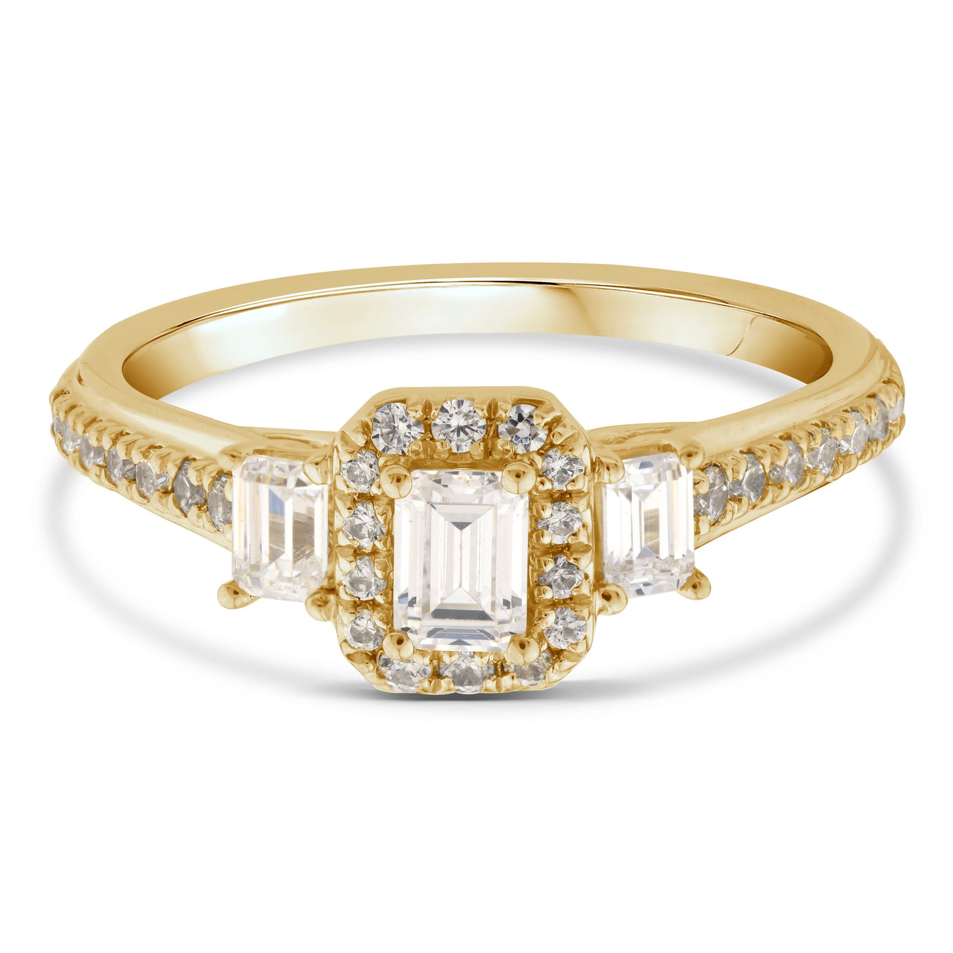 Lab Grown Diamond Three-Stone Emerald-Cut Ring in 10K Yellow Gold (7/8 ct. tw.)