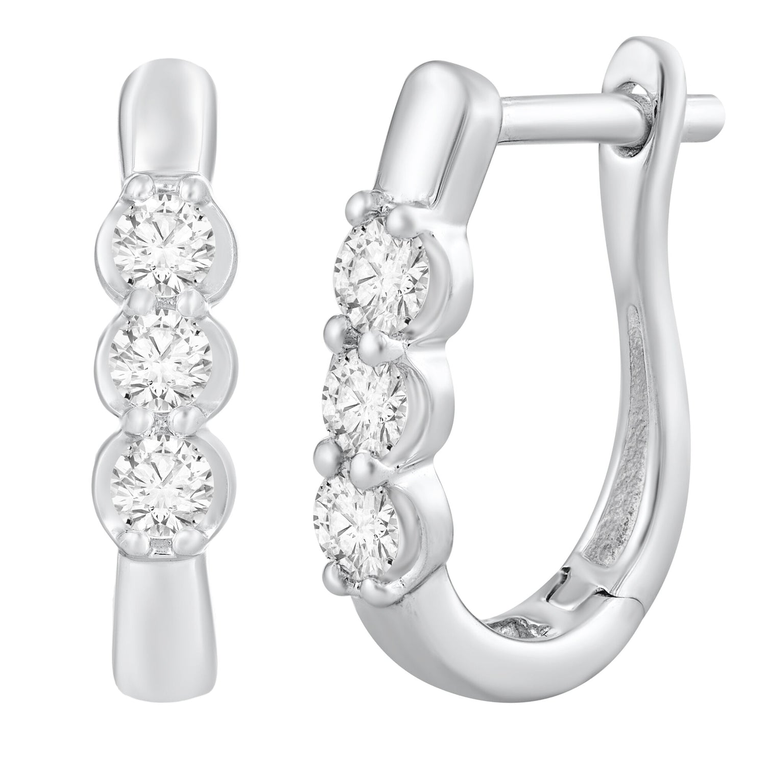 Diamond Three-Stone Hoop Earrings in 10K White Gold (3/8 ct. tw.)