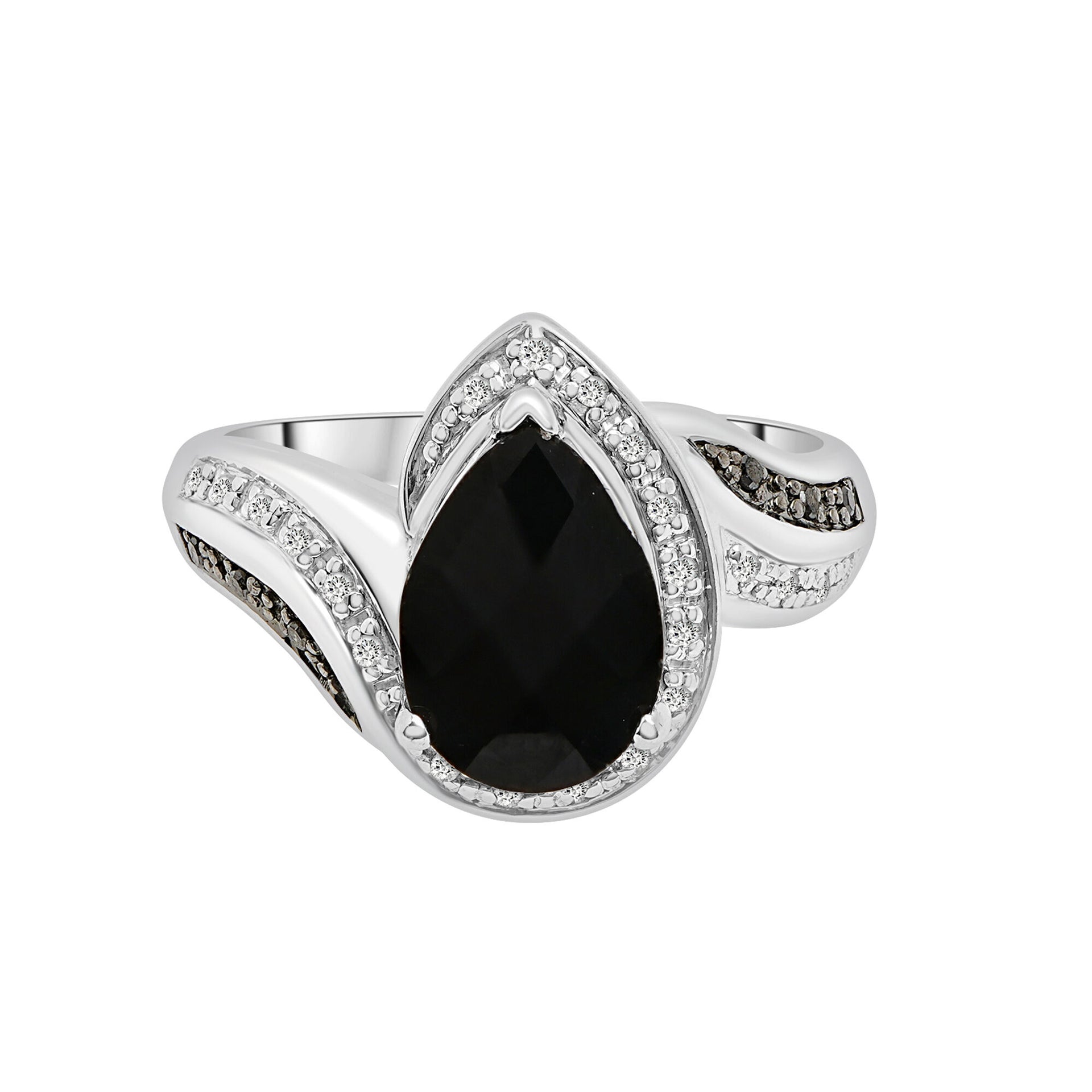 Pear-Shaped Onyx Ring with Black and White Diamonds in Sterling Silver (1/10 ct. tw.)