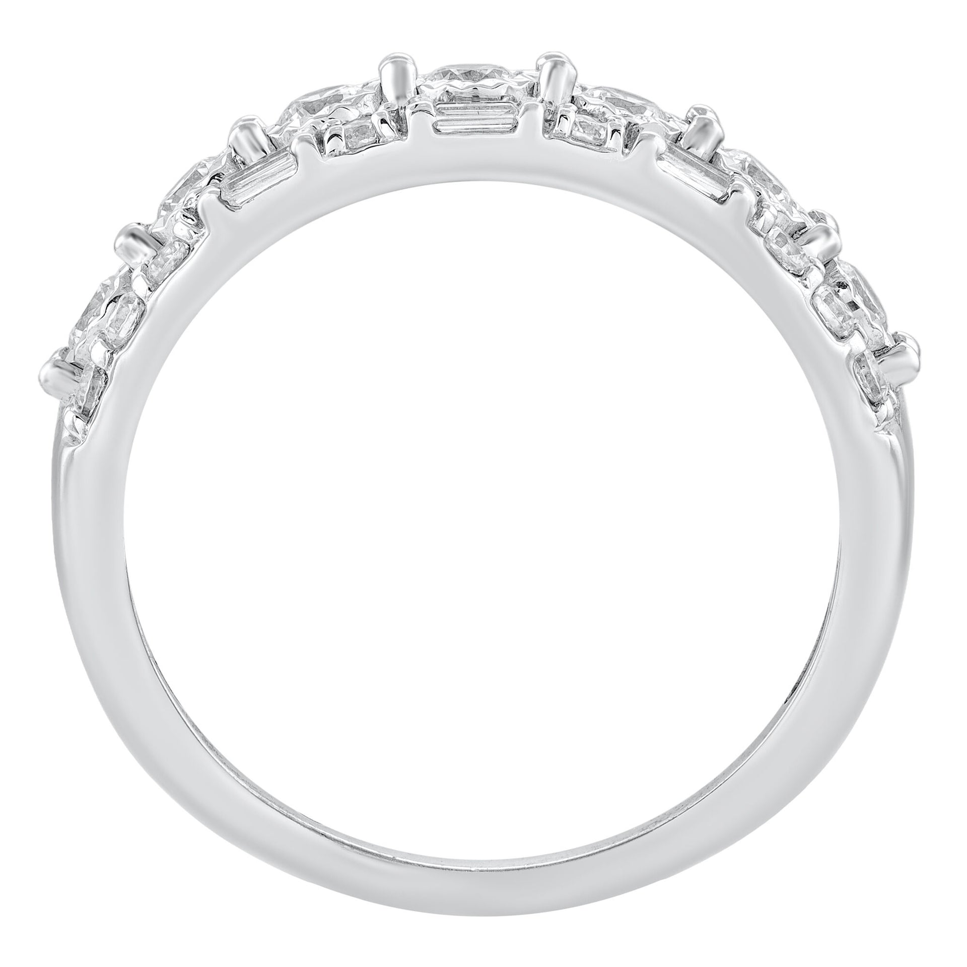 Round & Baguette Diamond Three-Row Ring in 10K White Gold (1 ct. tw.)