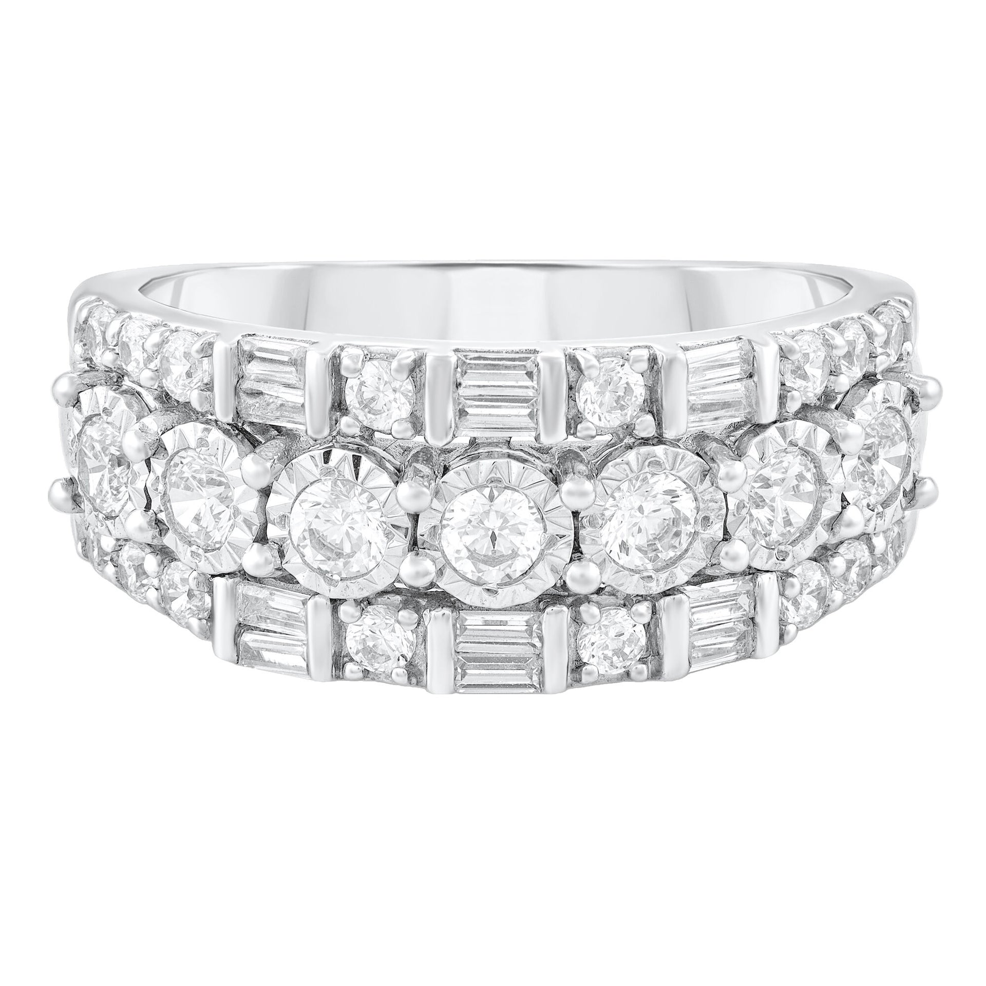 Round & Baguette Diamond Three-Row Ring in 10K White Gold (1 ct. tw.)