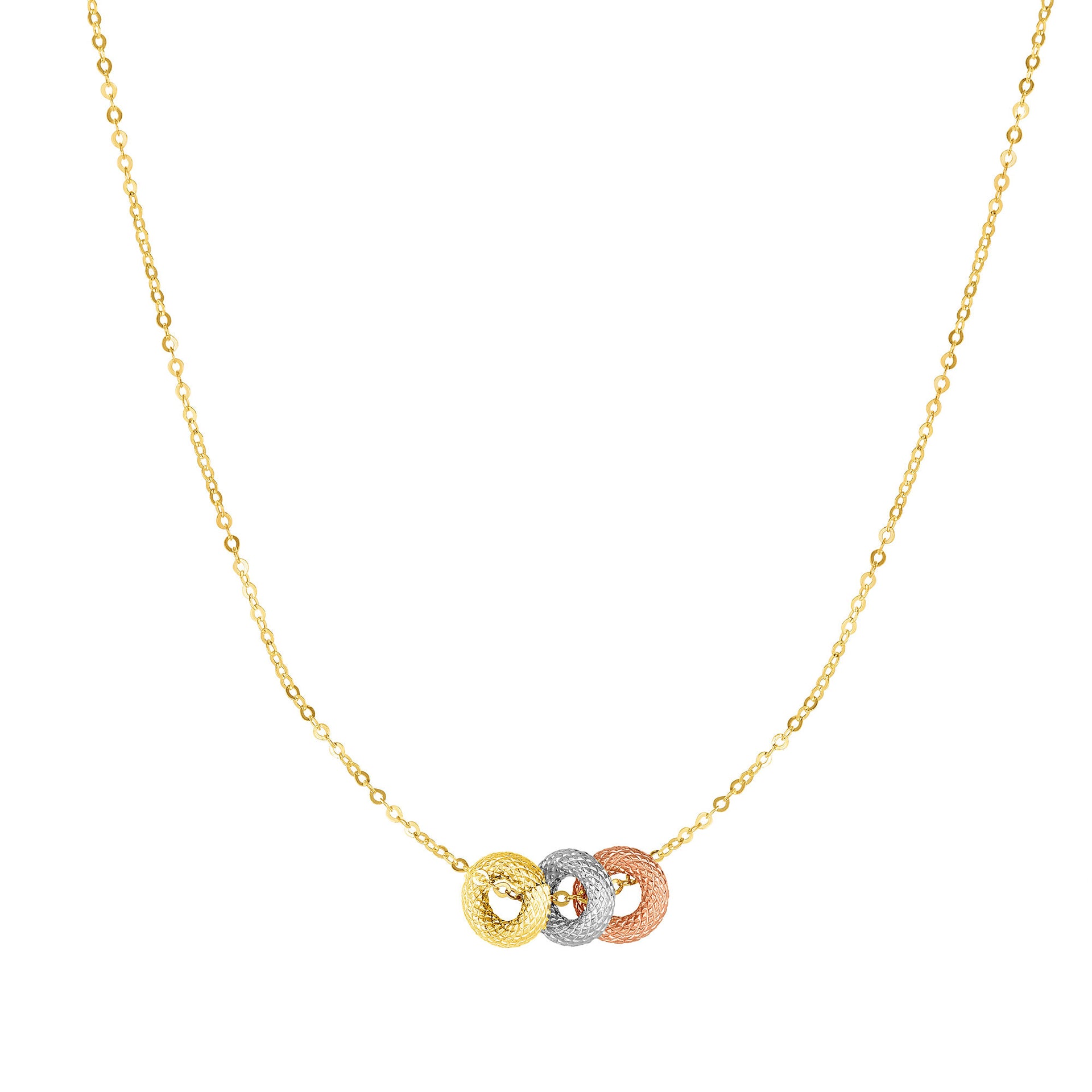 Tri-Color Circle Necklace in 14K Yellow, White and Rose Gold