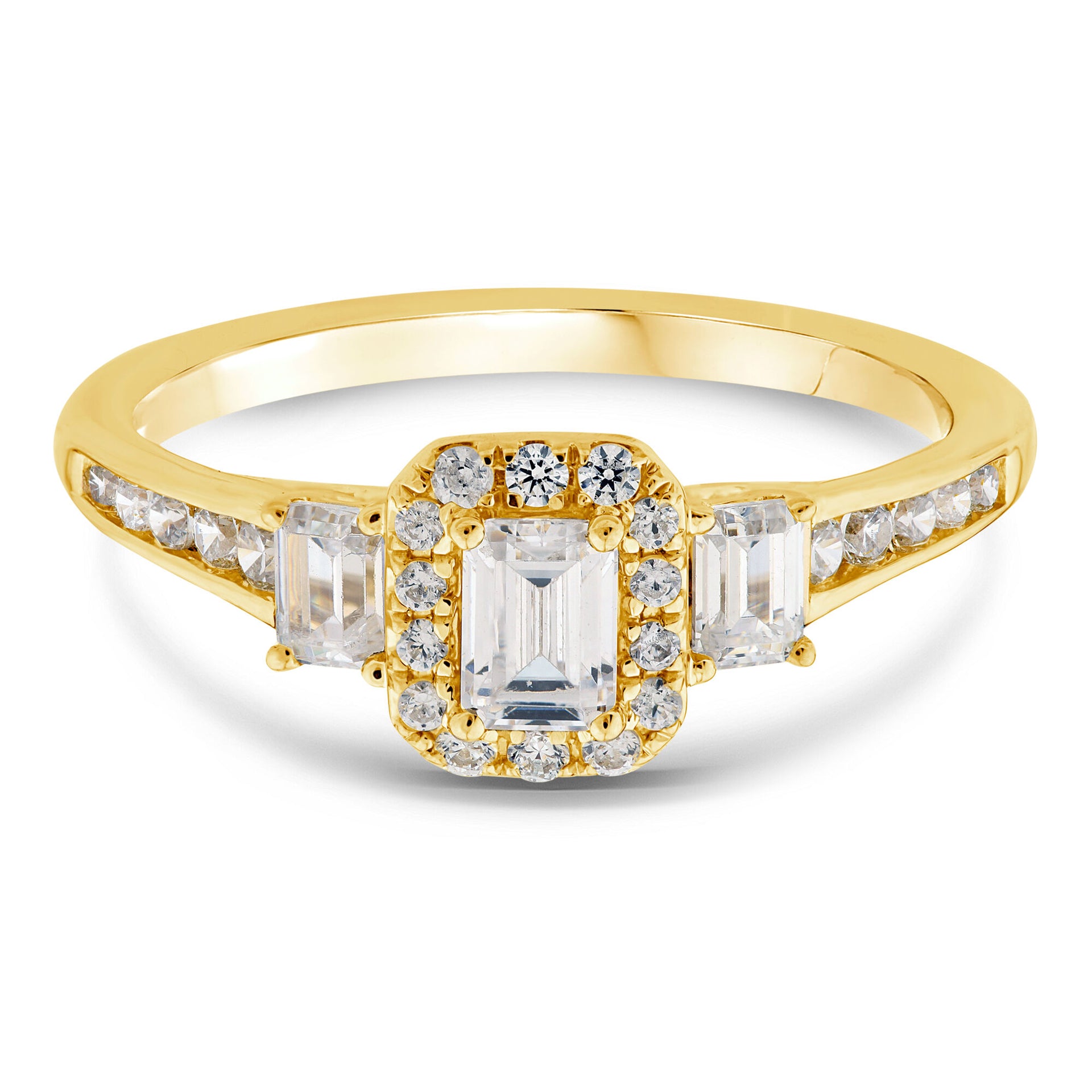 Lab Grown Diamond Emerald-Cut Three-Stone Engagement Ring in 10K Yellow Gold (7/8 ct. tw.)